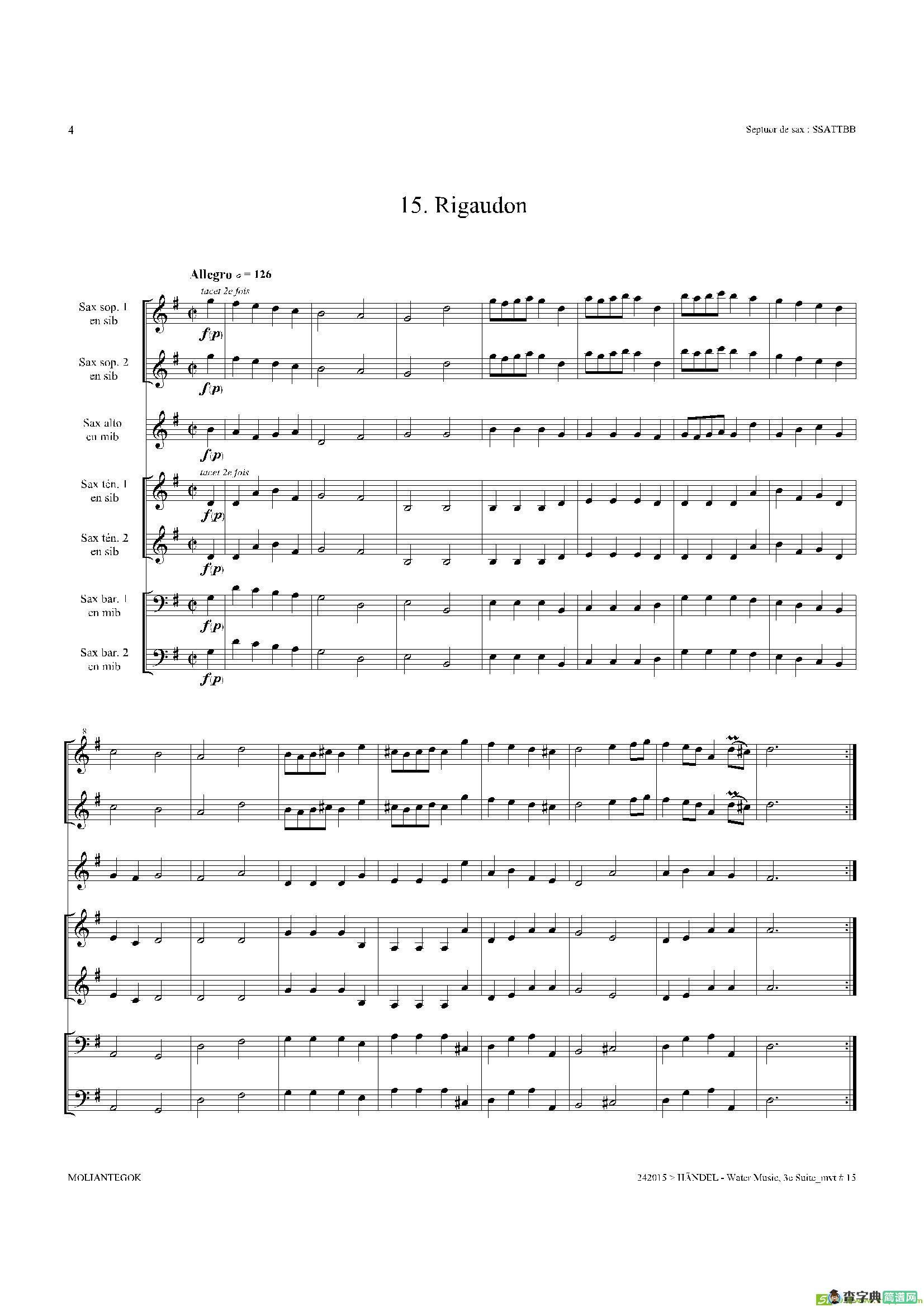 WaterMusic（HWV.350No.3）（萨克斯合奏总谱）萨克斯谱