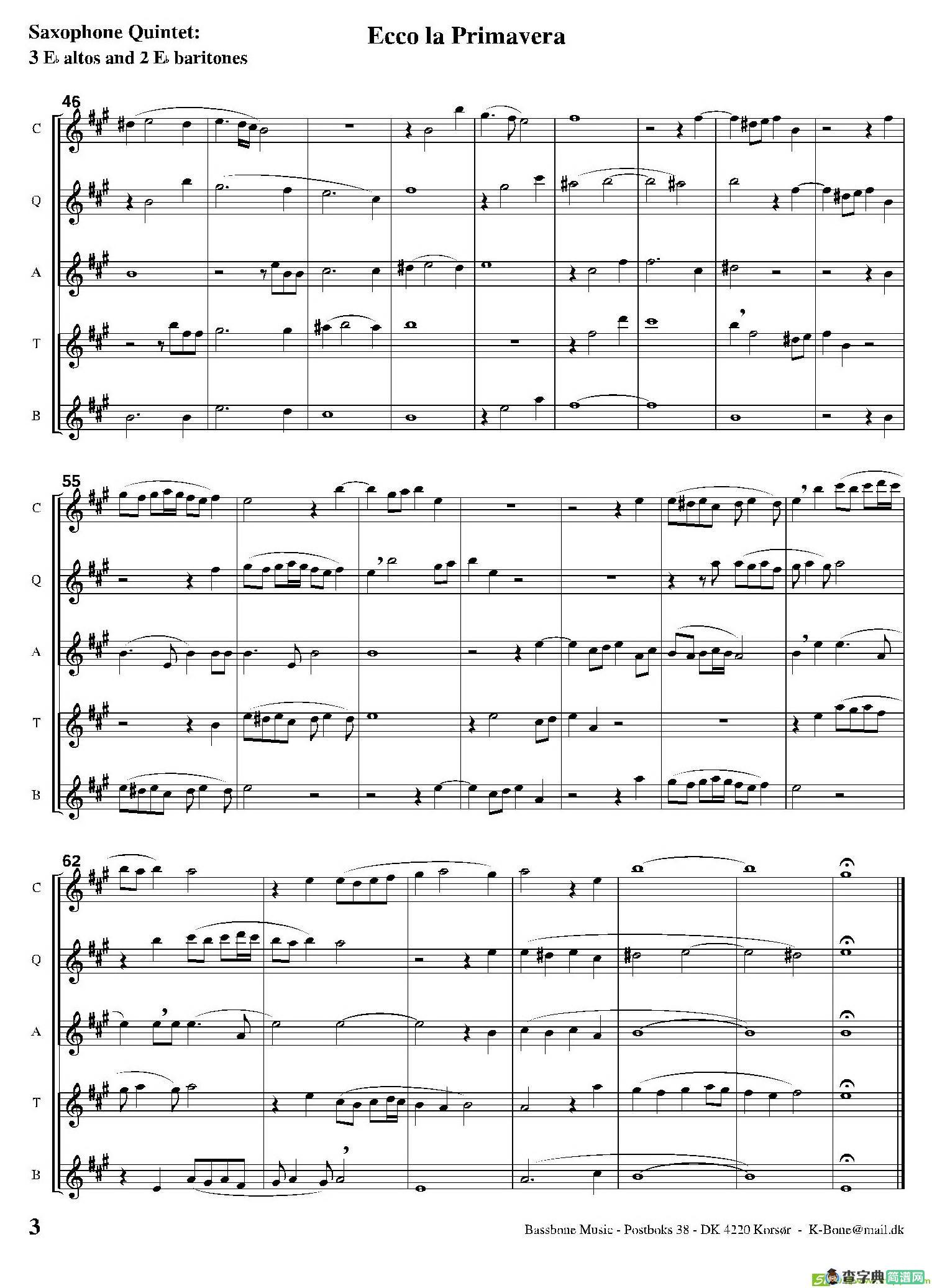 EccoLaPrimavera（五重奏）萨克斯谱