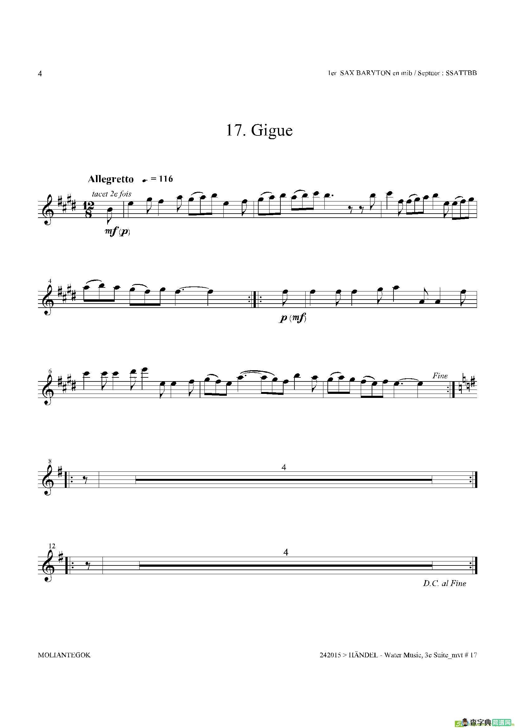 WaterMusic（HWV.350No.3）（第一上低音萨克斯）萨克斯谱