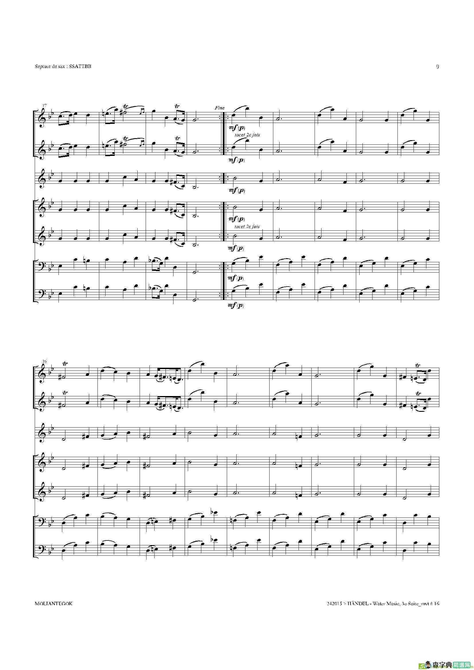 WaterMusic（HWV.350No.3）（萨克斯合奏总谱）萨克斯谱