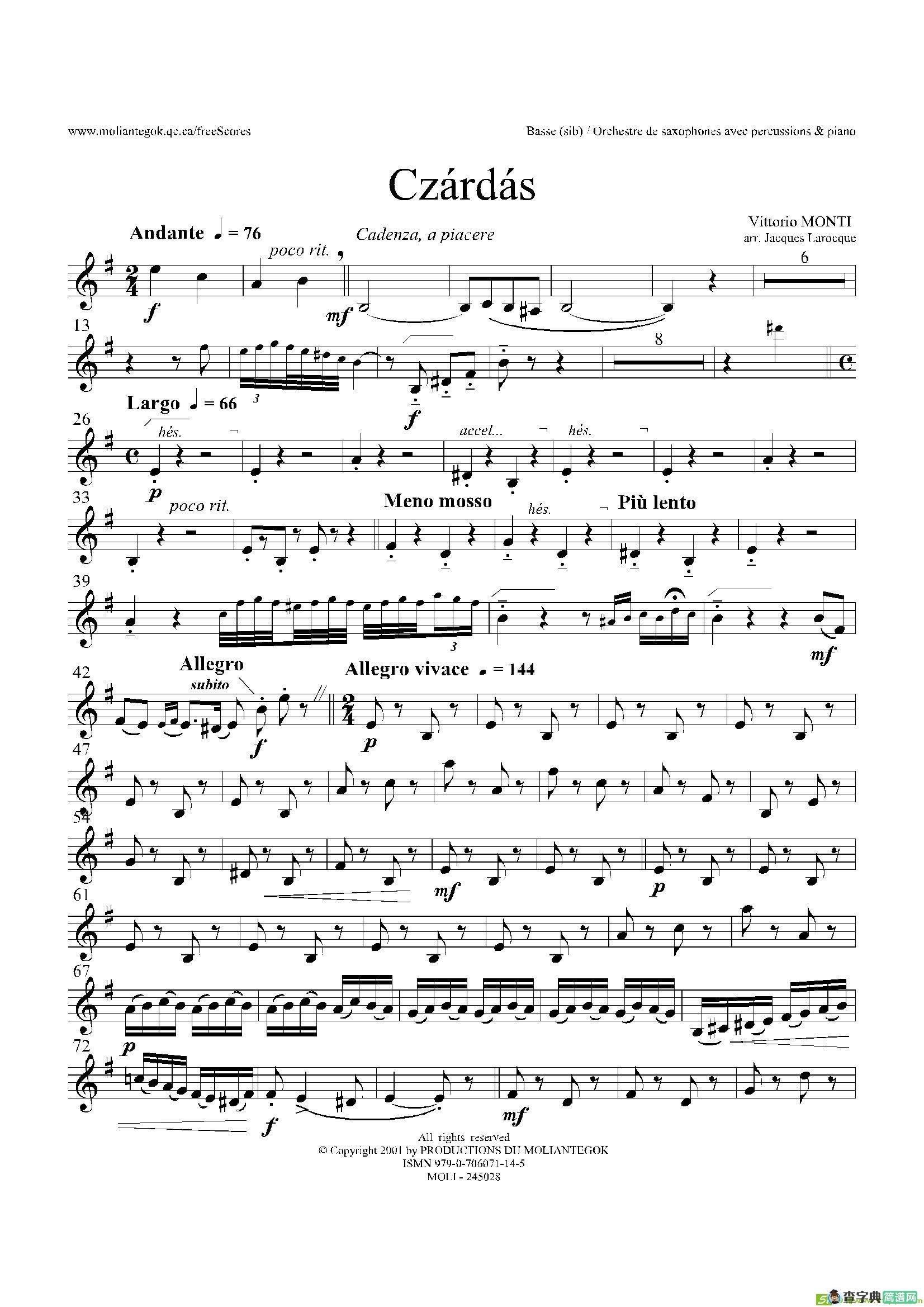 Czardas查尔达斯（15重奏）（Bass）萨克斯谱