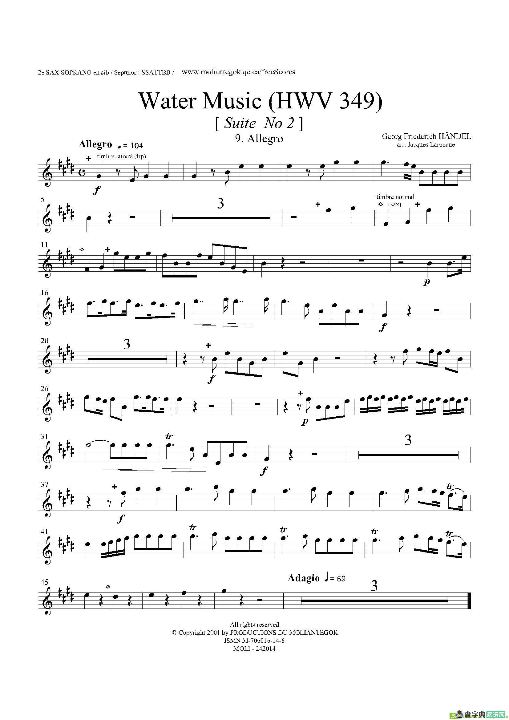 WaterMusic（HWV.349No.2）（第二高音萨克斯）萨克斯谱