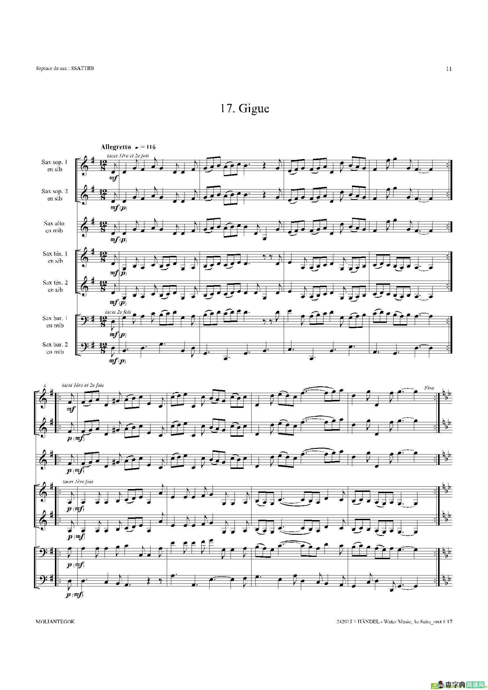 WaterMusic（HWV.350No.3）（萨克斯合奏总谱）萨克斯谱