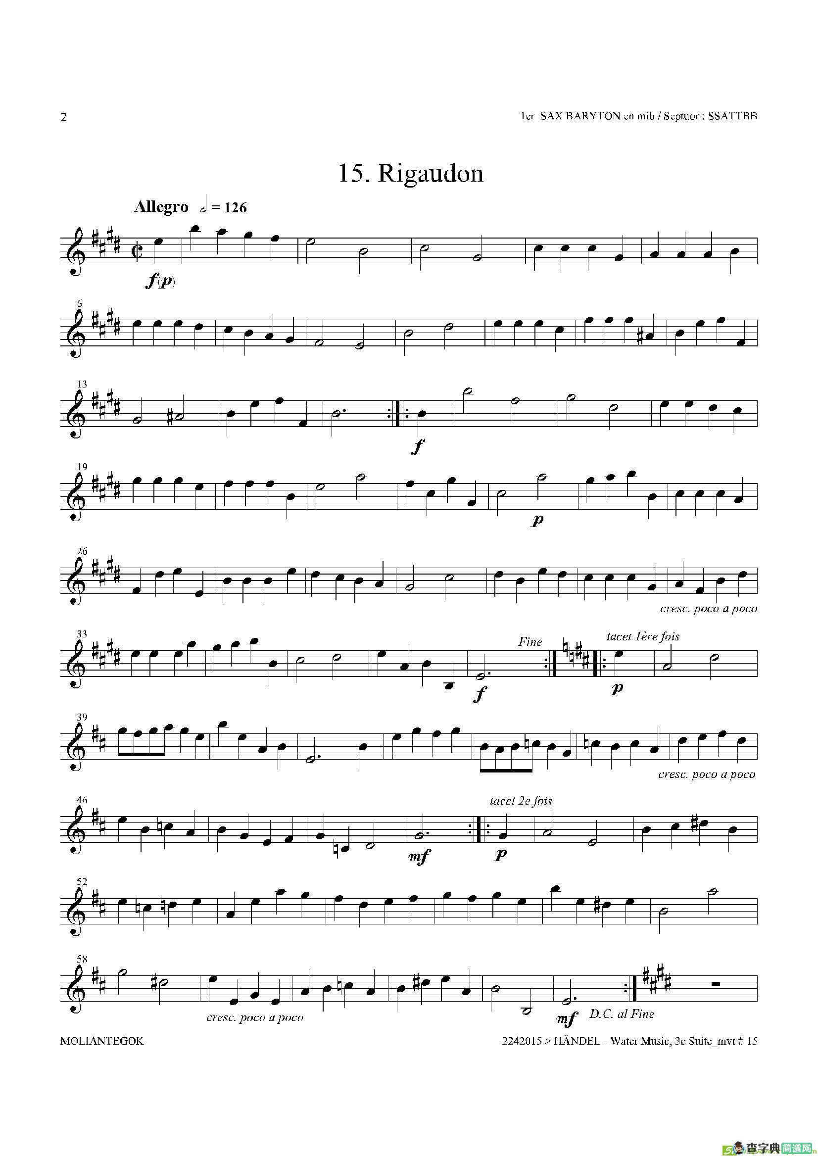WaterMusic（HWV.350No.3）（第一上低音萨克斯）萨克斯谱
