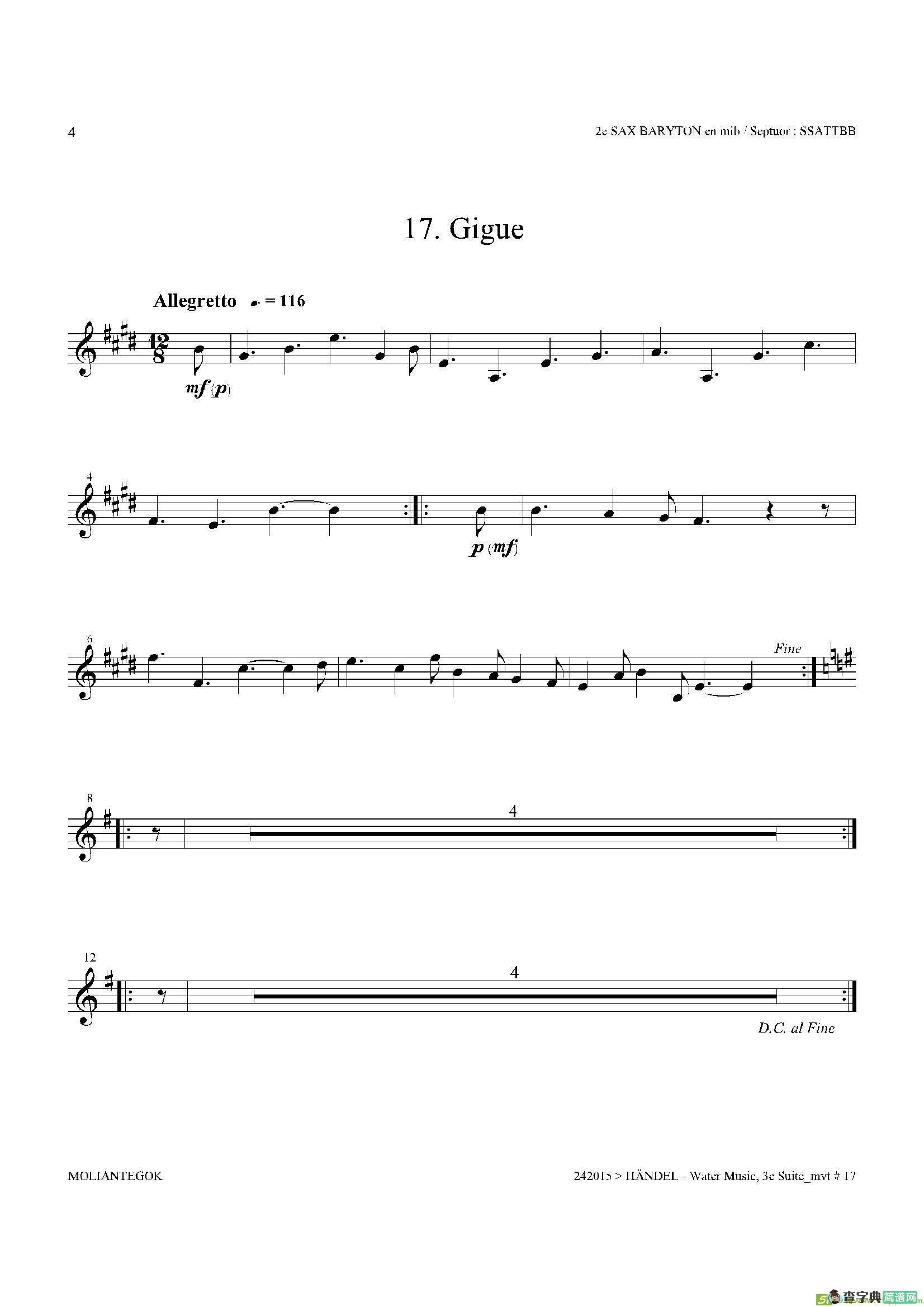 WaterMusic（HWV.350No.3）（第二上低音萨克斯）萨克斯谱