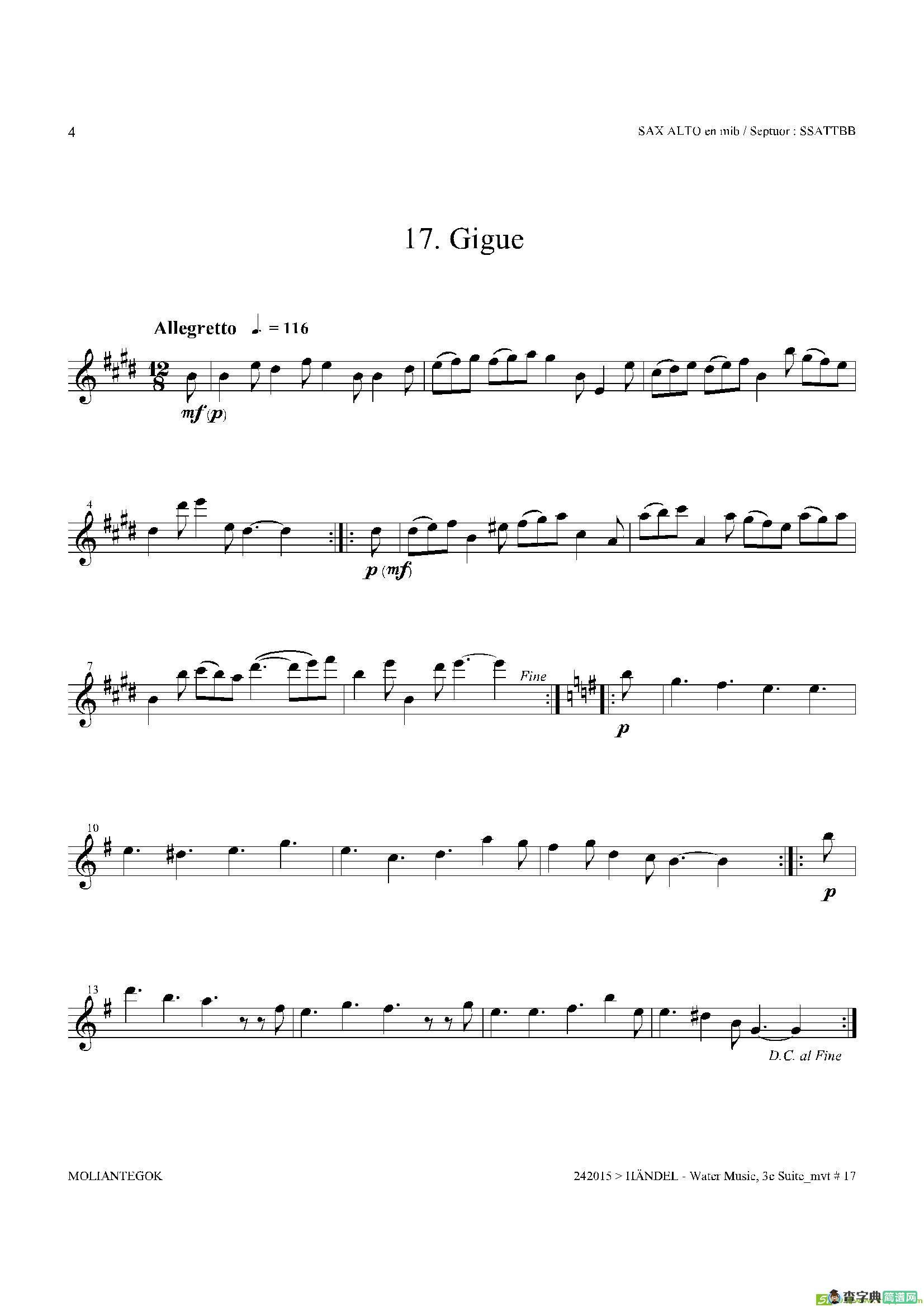 WaterMusic（HWV.350No.3）（中音萨克斯）萨克斯谱