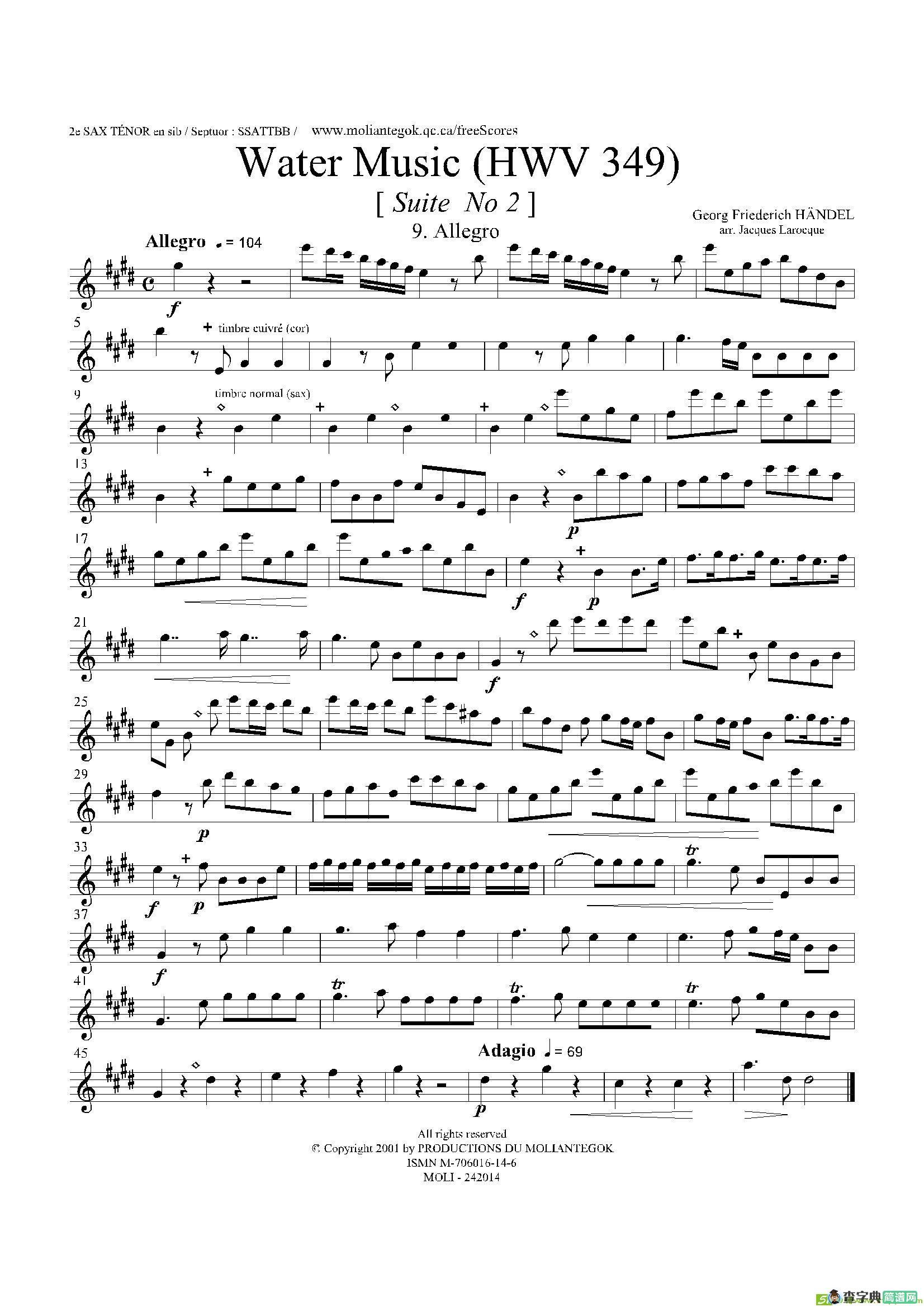 WaterMusic（HWV.349No.2）（第二次中音萨克斯）萨克斯谱