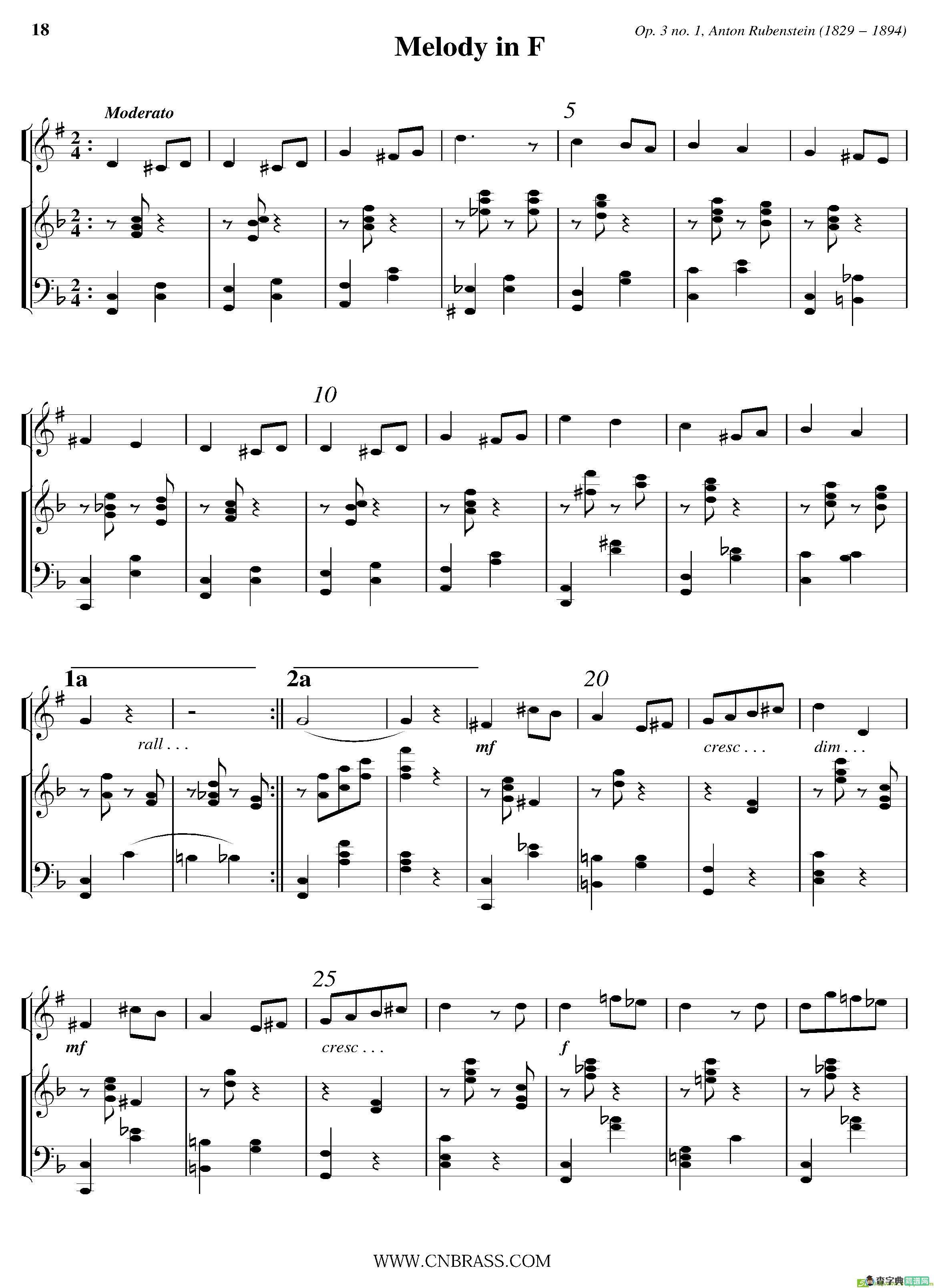 Melody in F铜管谱