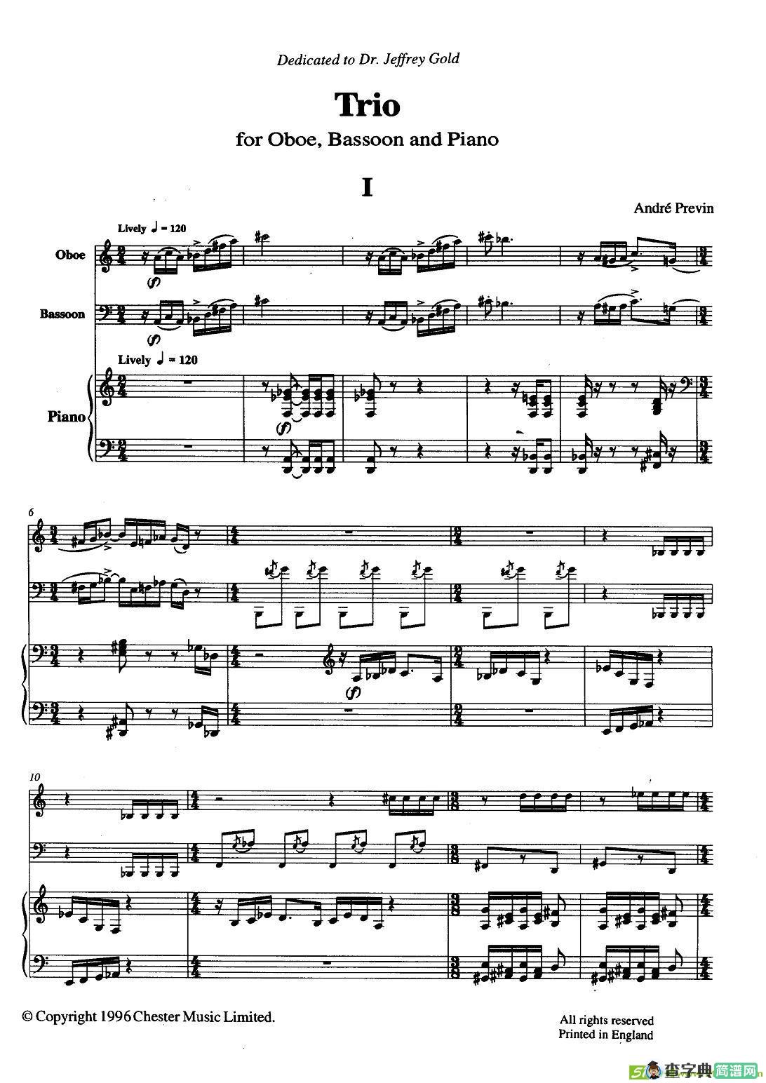 巴松双簧管与钢琴三重奏铜管谱(安德列·普列文作曲)