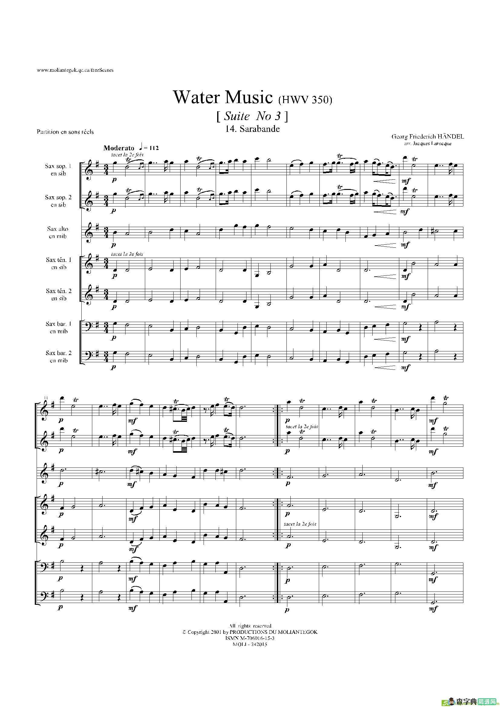 WaterMusic（HWV.350No.3）（萨克斯合奏总谱）萨克斯谱