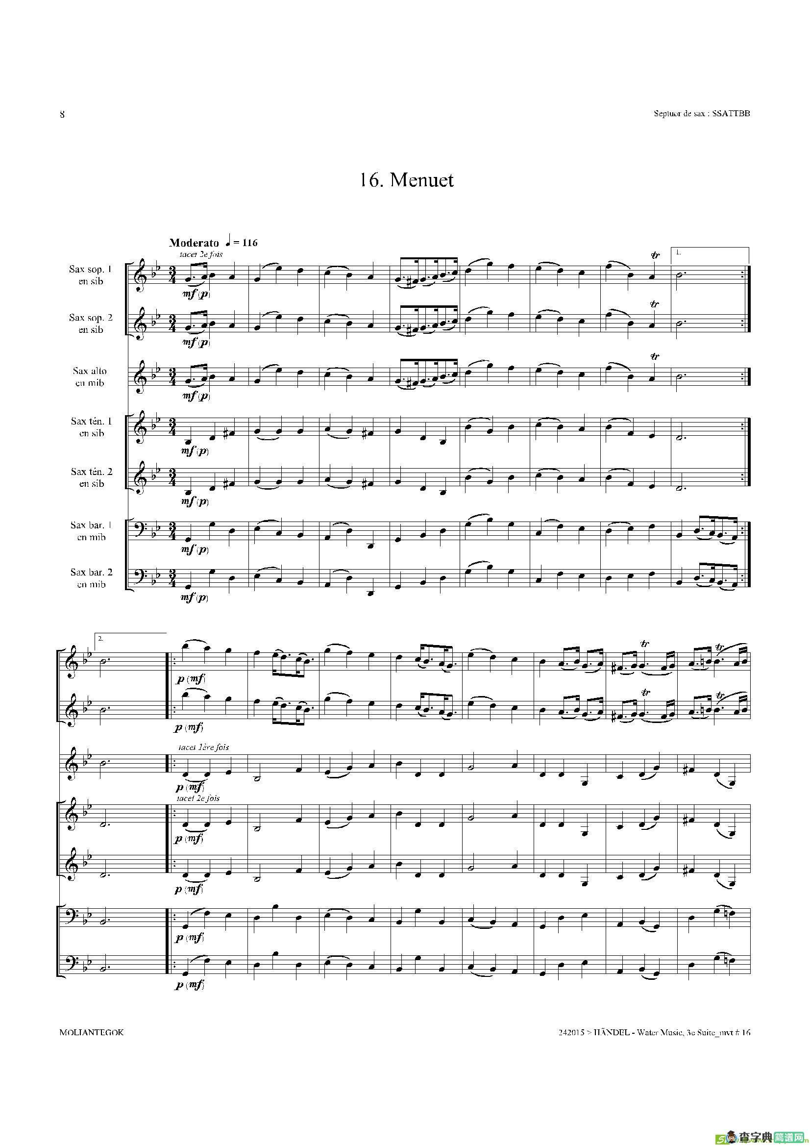 WaterMusic（HWV.350No.3）（萨克斯合奏总谱）萨克斯谱