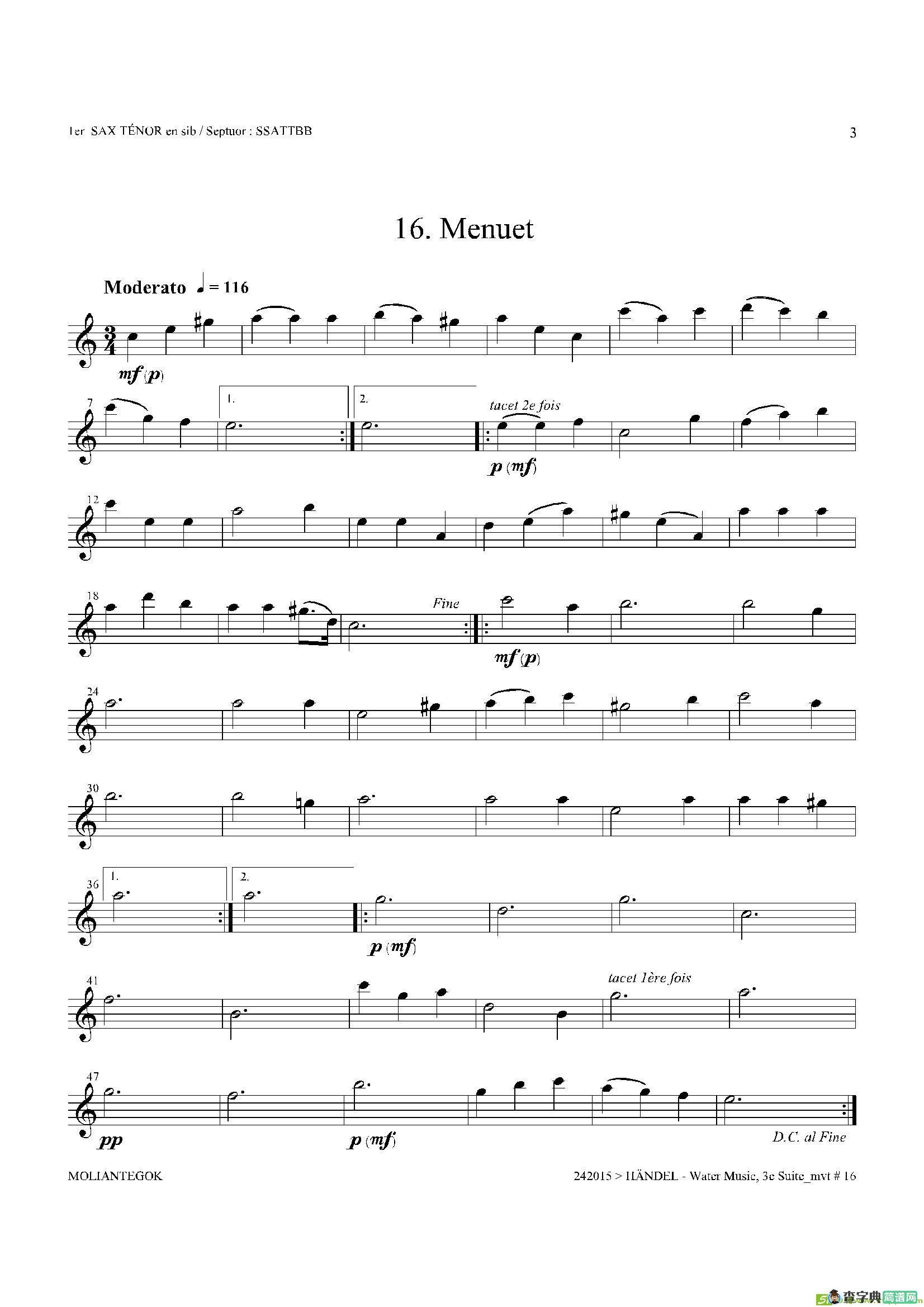WaterMusic（HWV.350No.3）（第一次中音萨克斯）萨克斯谱