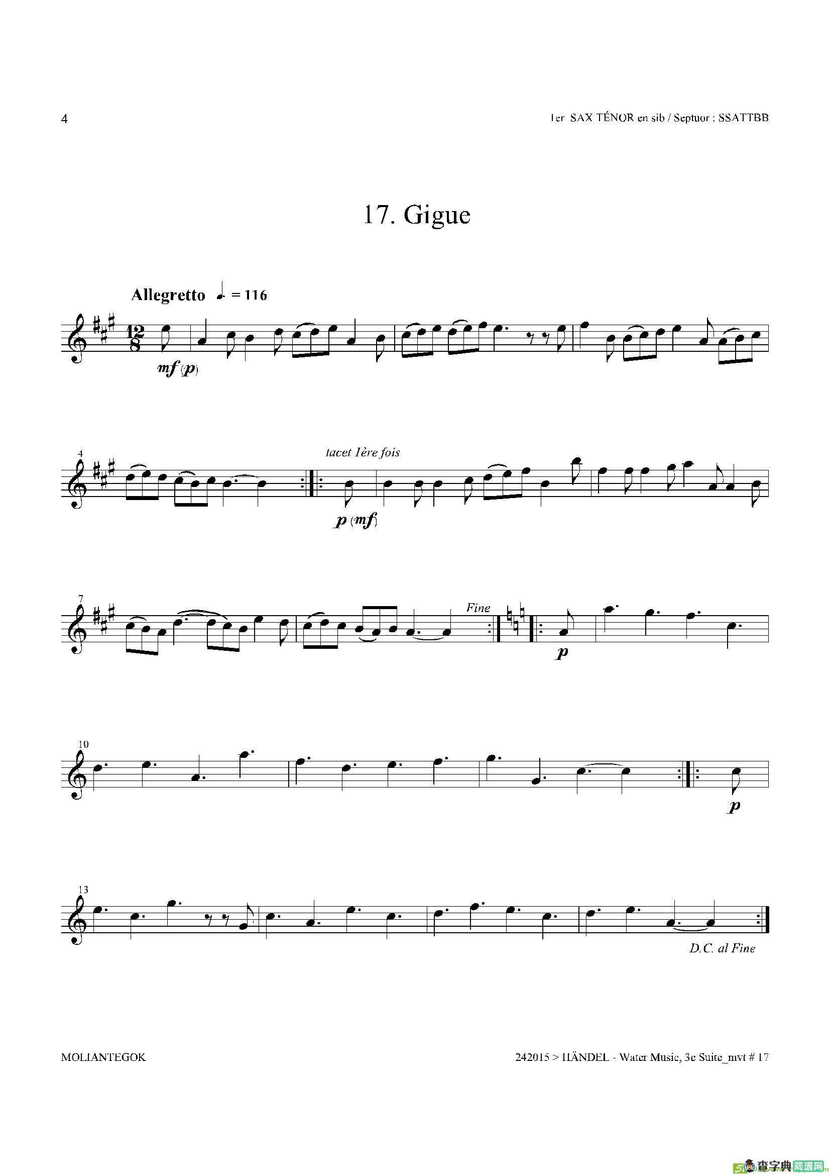 WaterMusic（HWV.350No.3）（第一次中音萨克斯）萨克斯谱