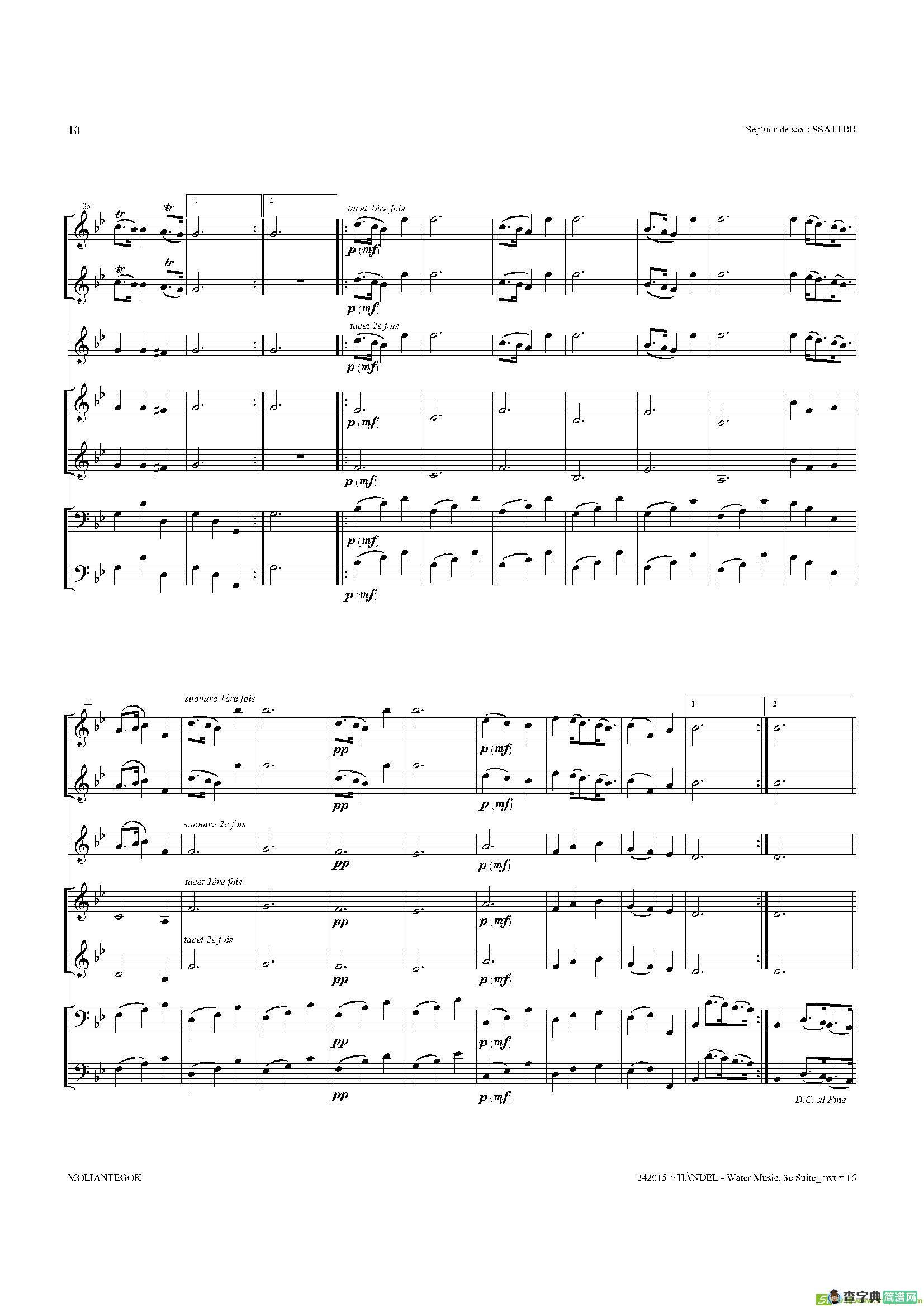 WaterMusic（HWV.350No.3）（萨克斯合奏总谱）萨克斯谱