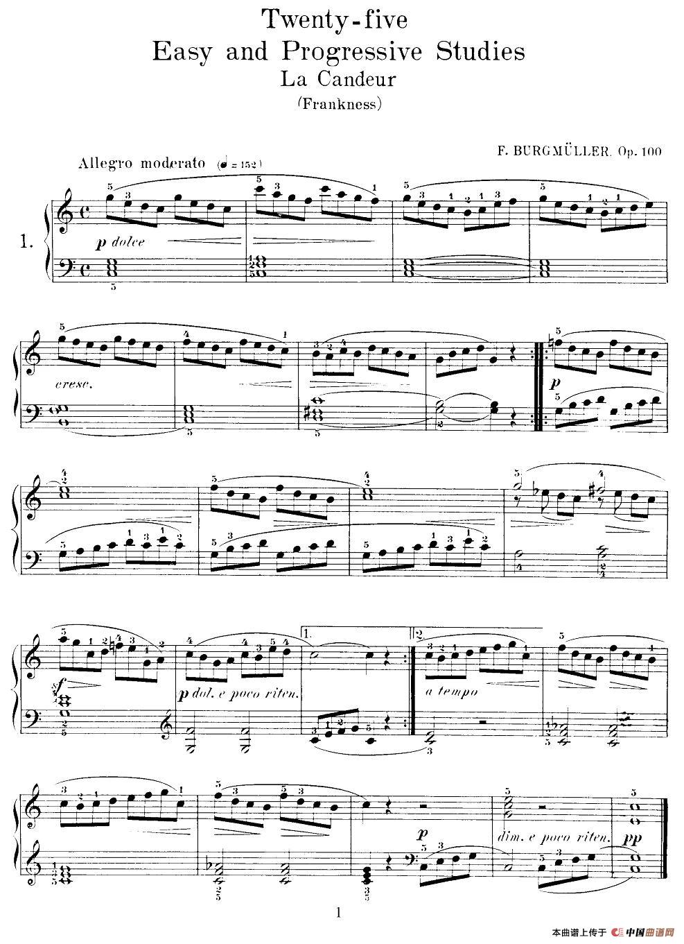 布尔格缪勒-25首钢琴进阶练习曲 Op.100（1、坦速）钢琴谱
