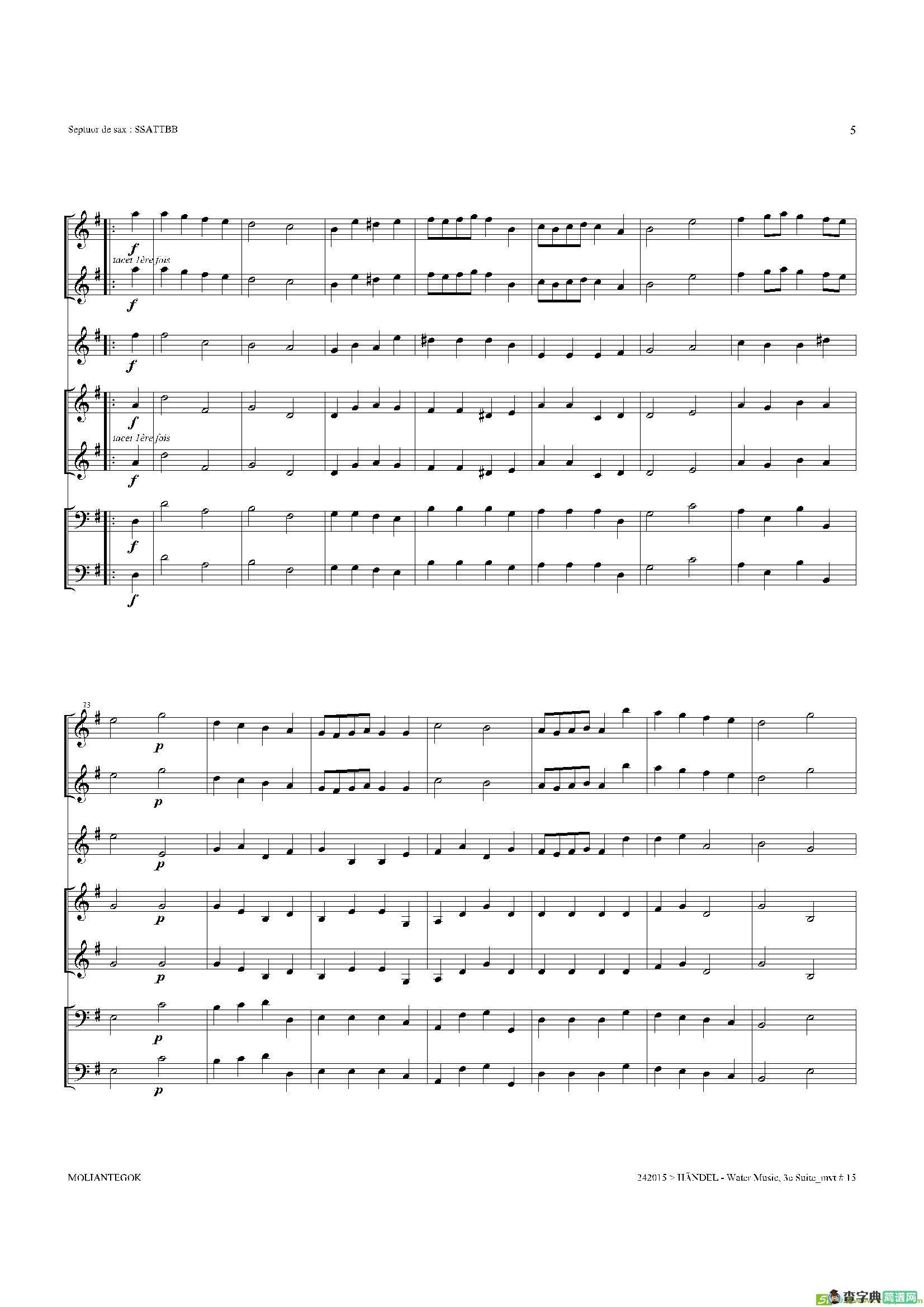 WaterMusic（HWV.350No.3）（萨克斯合奏总谱）萨克斯谱