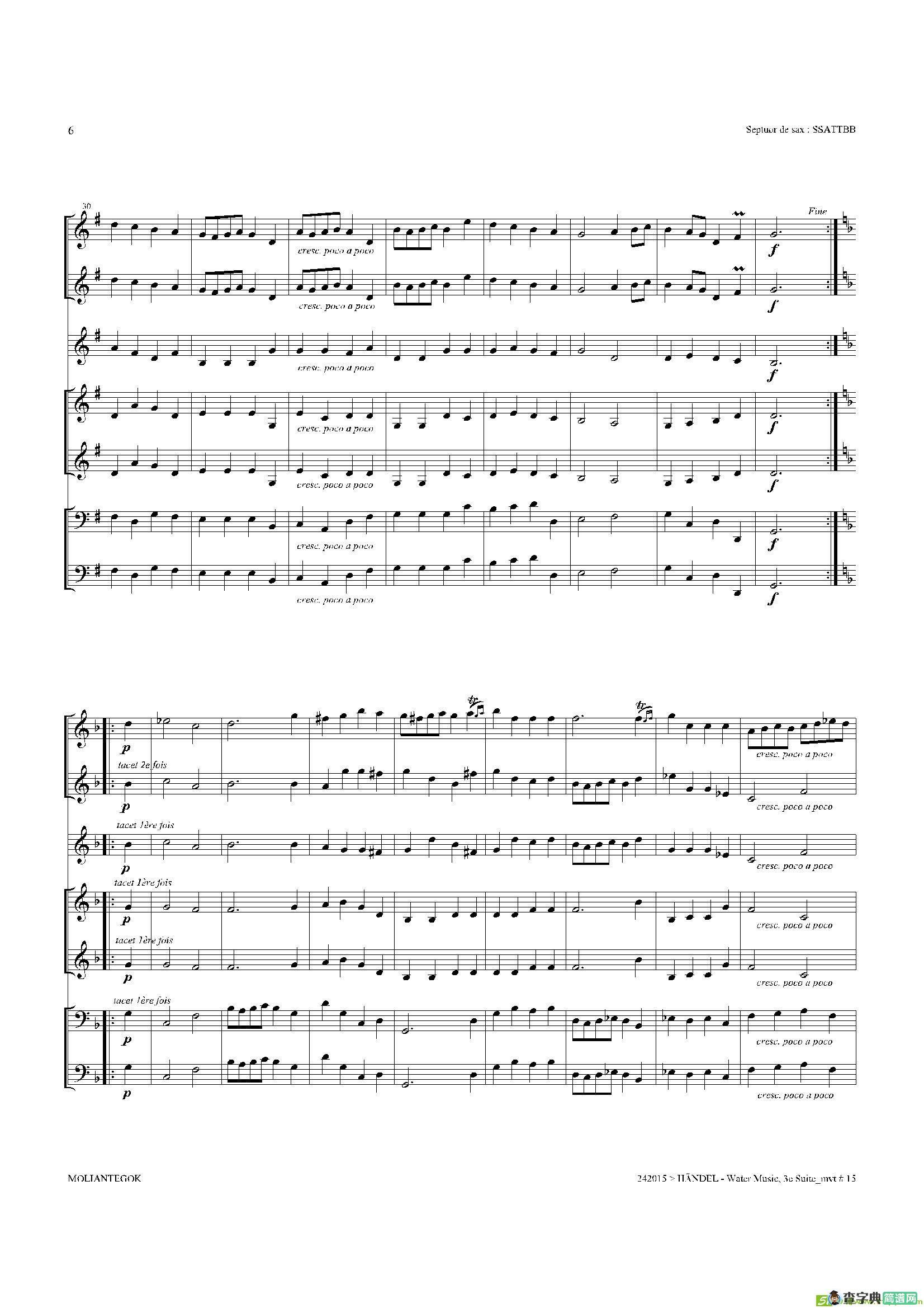 WaterMusic（HWV.350No.3）（萨克斯合奏总谱）萨克斯谱