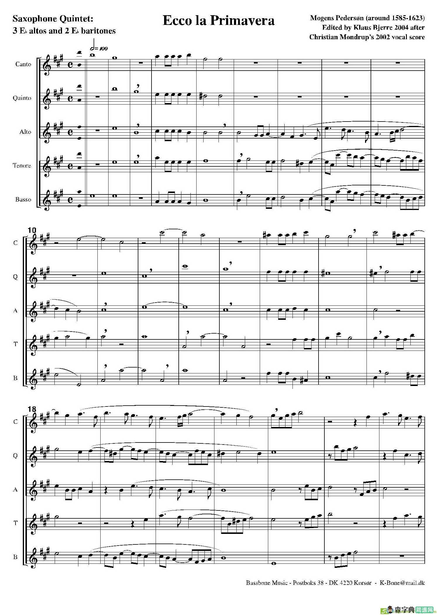 EccoLaPrimavera（五重奏）萨克斯谱