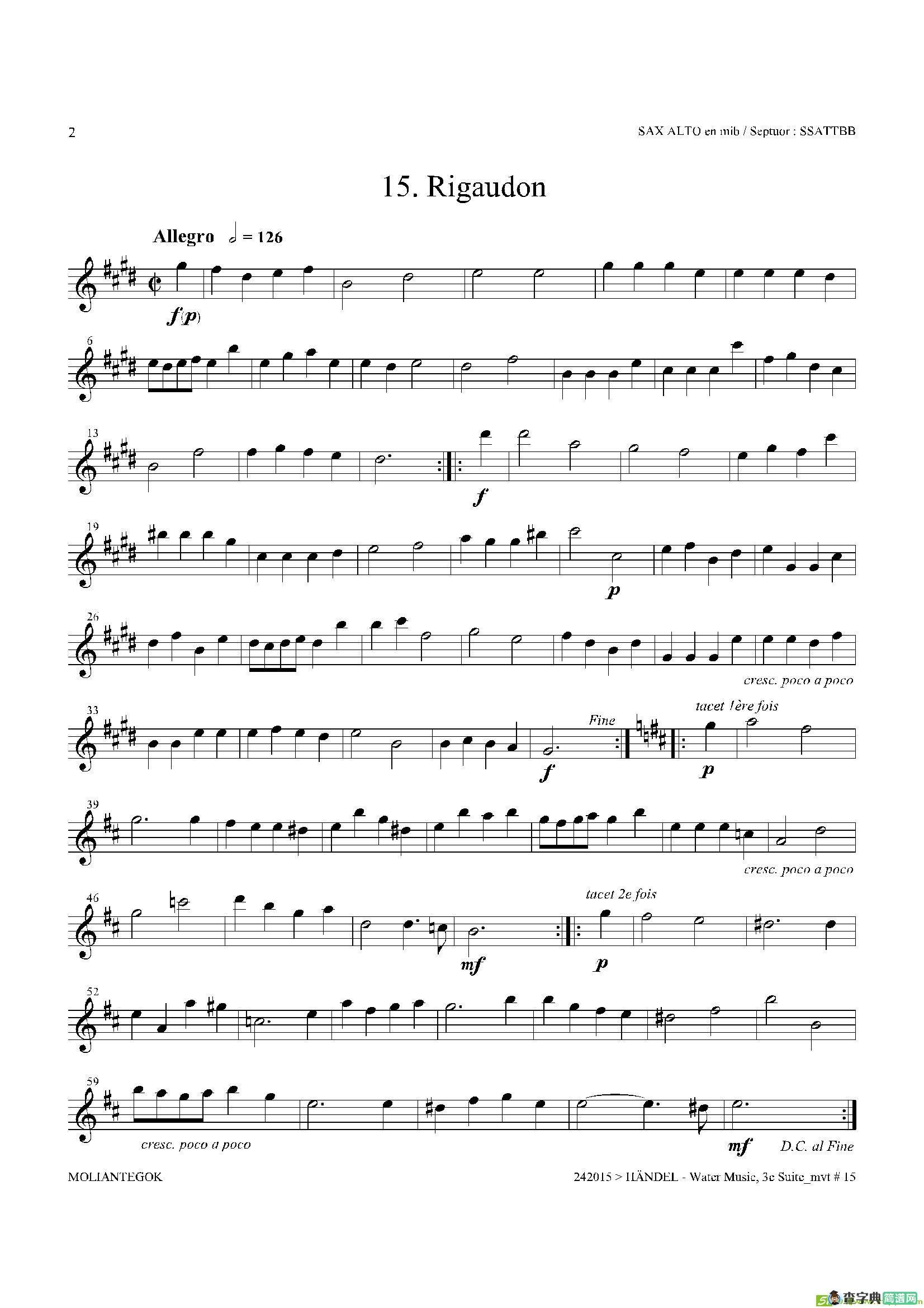 WaterMusic（HWV.350No.3）（中音萨克斯）萨克斯谱