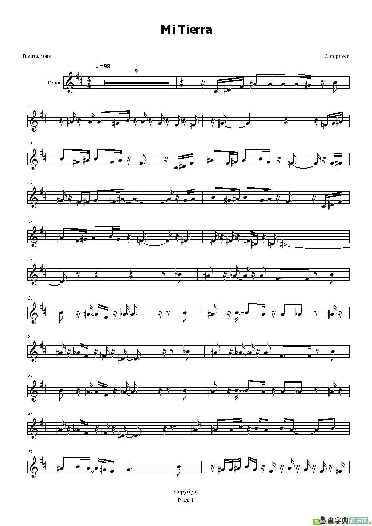 Mi Tierra萨克斯谱