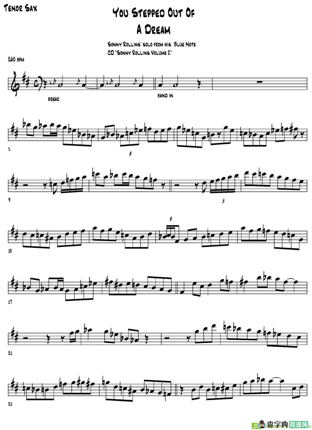 You Steppeo Out Of A Dream萨克斯曲谱(Sonny演唱)
