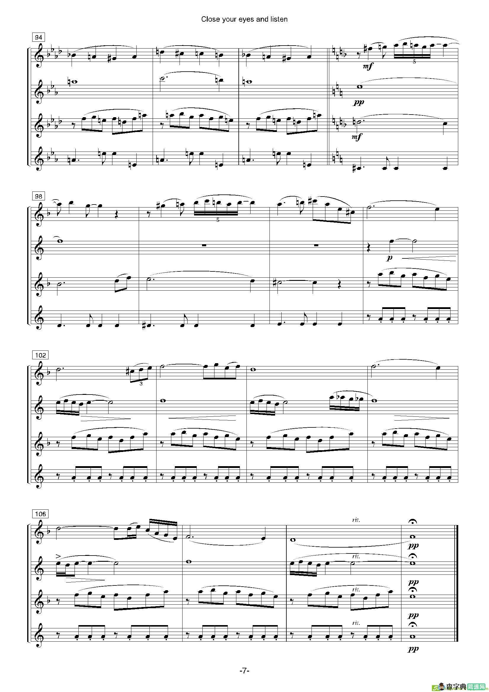 Closeyoureyesandlisten（四重奏总谱+分谱）萨克斯谱