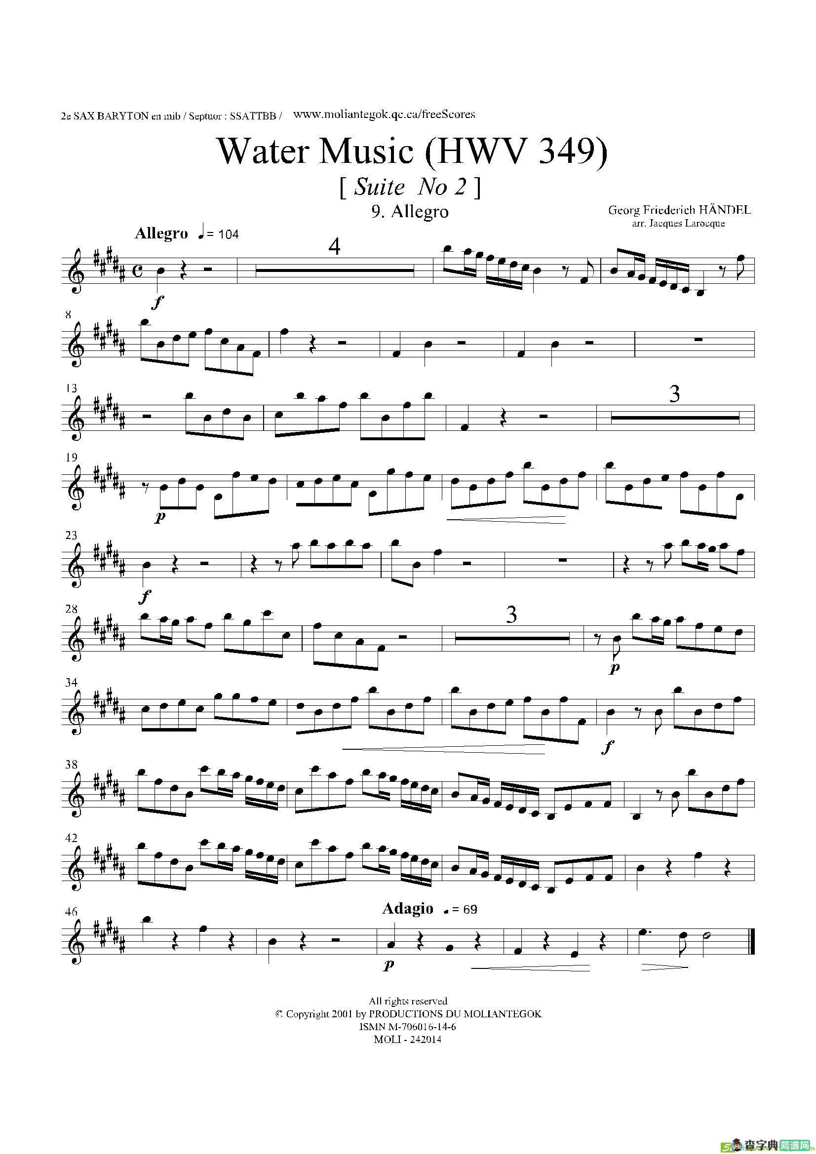 WaterMusic（HWV.349No.2）（第二上低音萨克斯）萨克斯谱