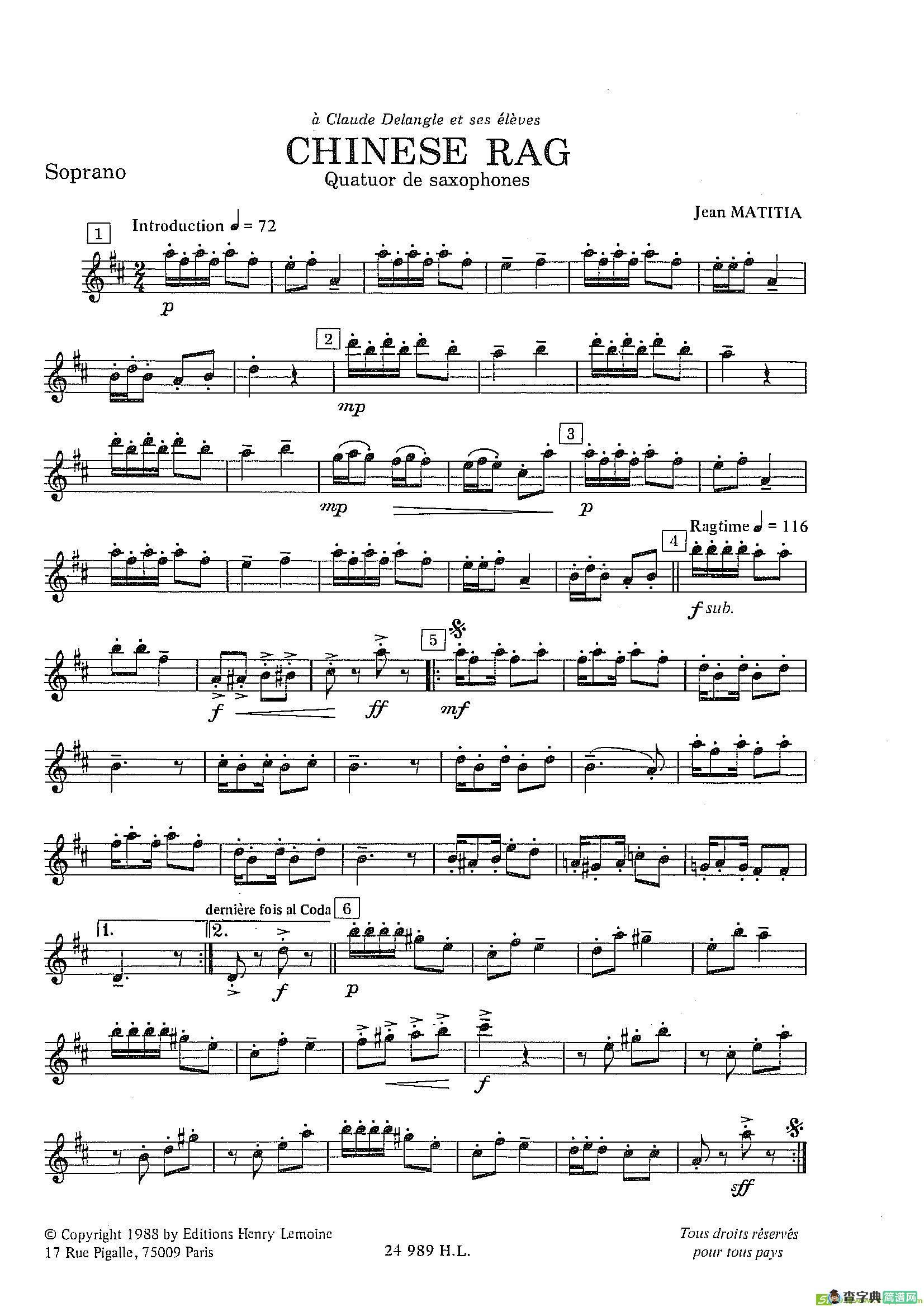ChineseRag（四重奏总谱+分谱）萨克斯谱