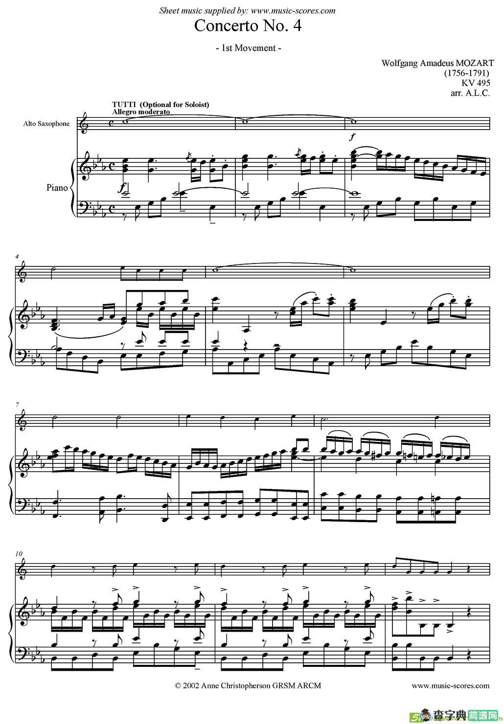 Mozart：Concerto KV495 No.4-1st萨克斯谱(Mozart（莫扎特）作曲)