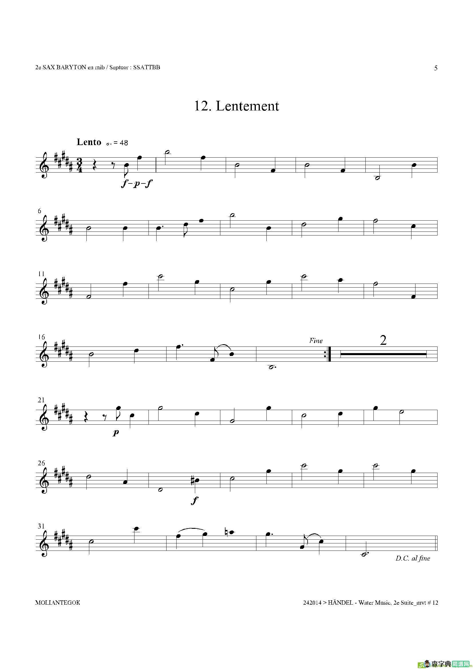 WaterMusic（HWV.349No.2）（第二上低音萨克斯）萨克斯谱