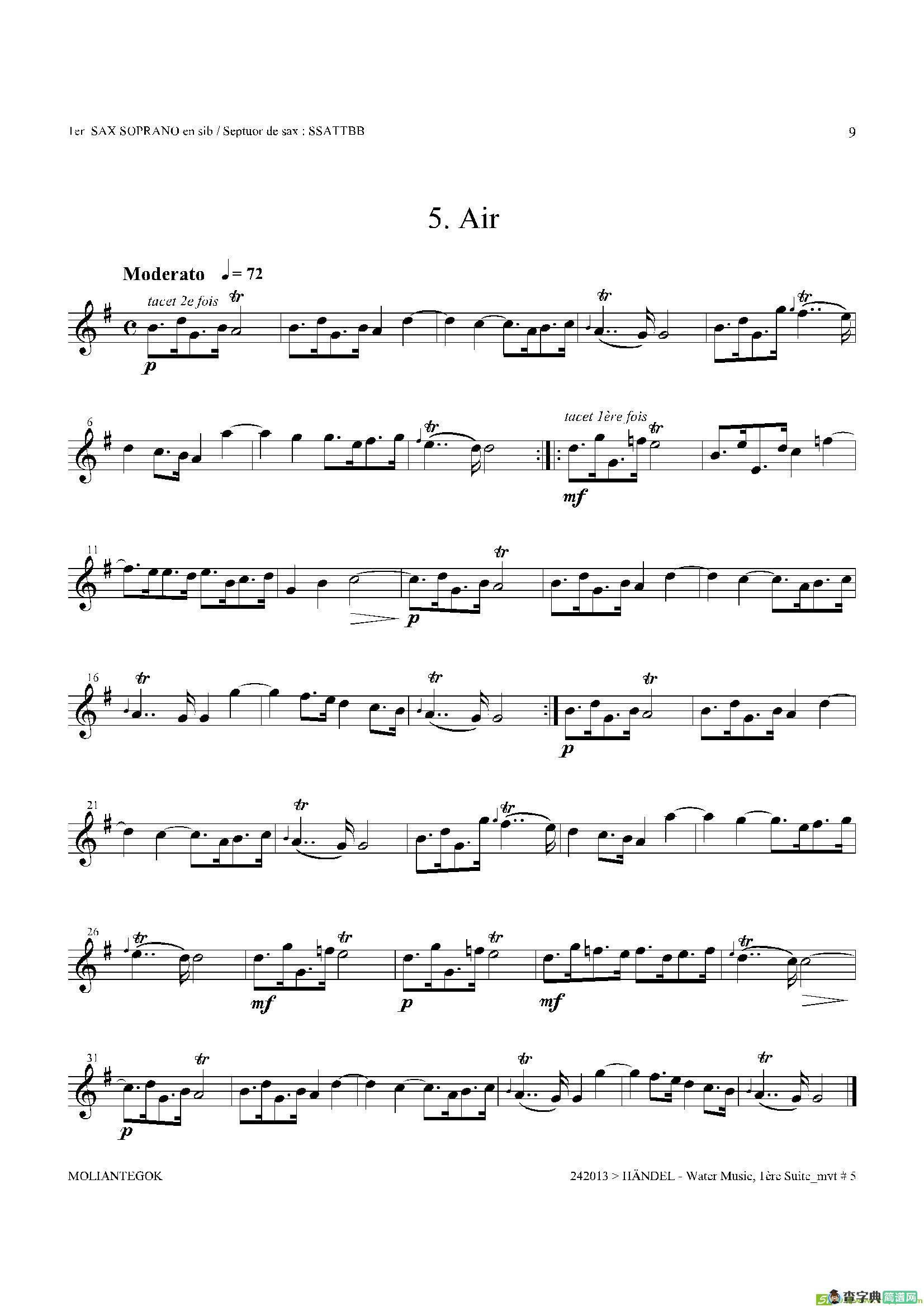 WaterMusic（HWV.348No.1）（第一高音萨克斯）萨克斯谱