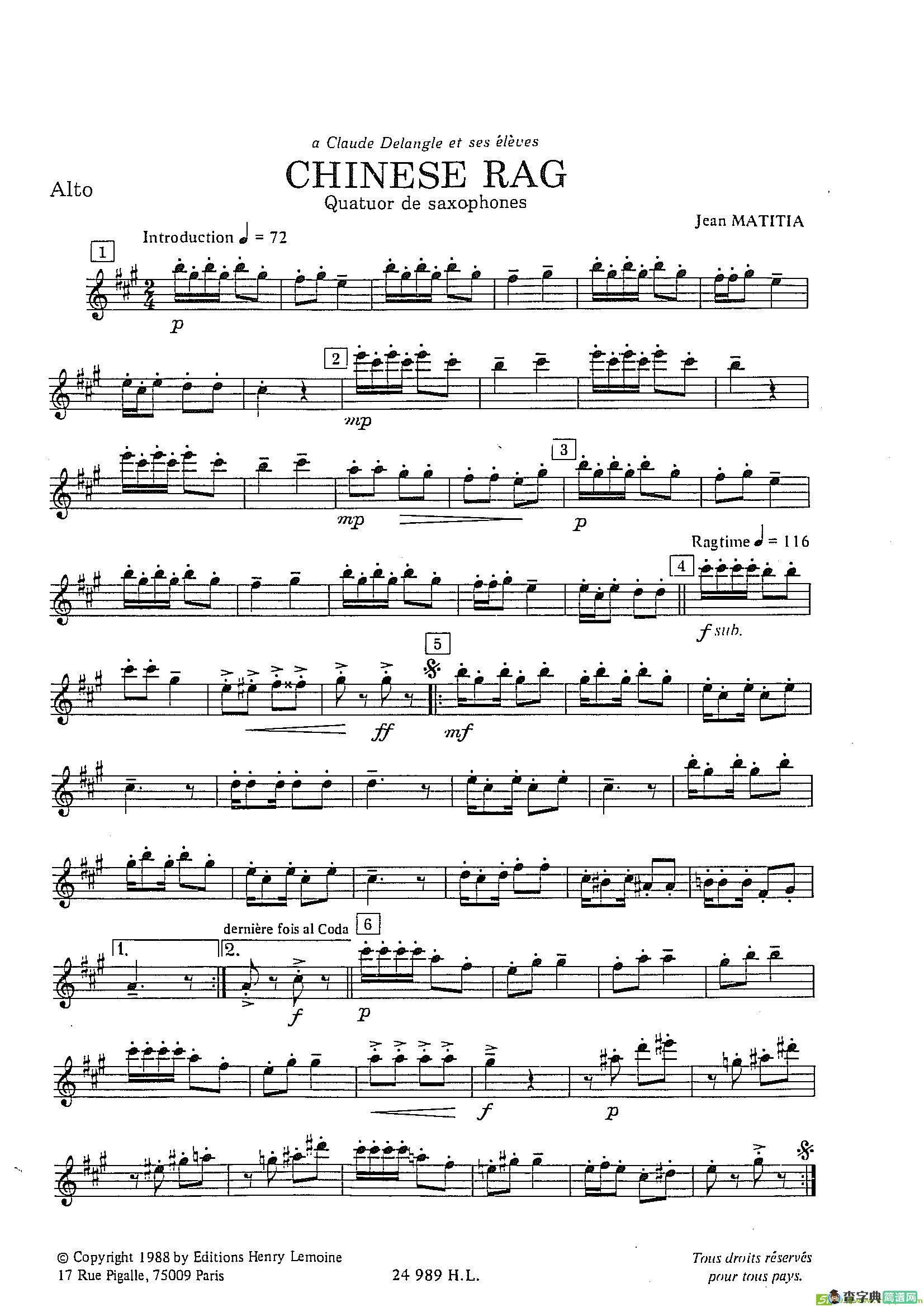 ChineseRag（四重奏总谱+分谱）萨克斯谱