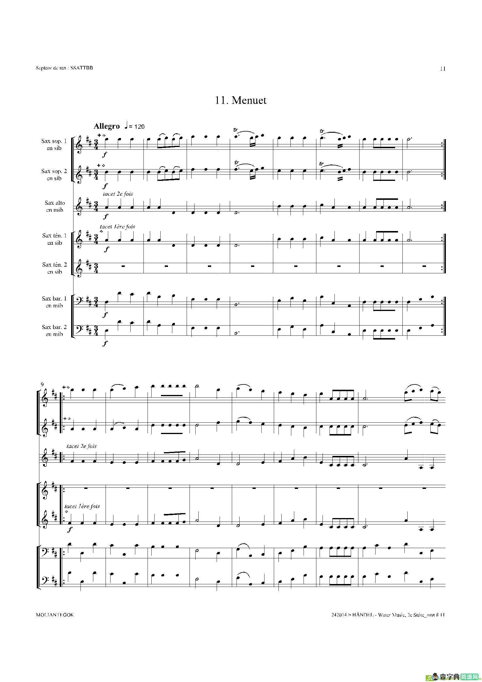 WaterMusic（HWV.349No.2）（萨克斯合奏总谱）萨克斯谱