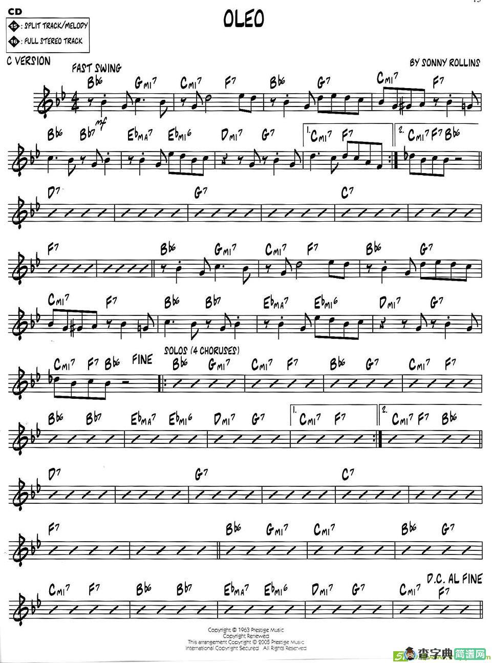 OLEO萨克斯谱(sonny作曲,sonny演唱)