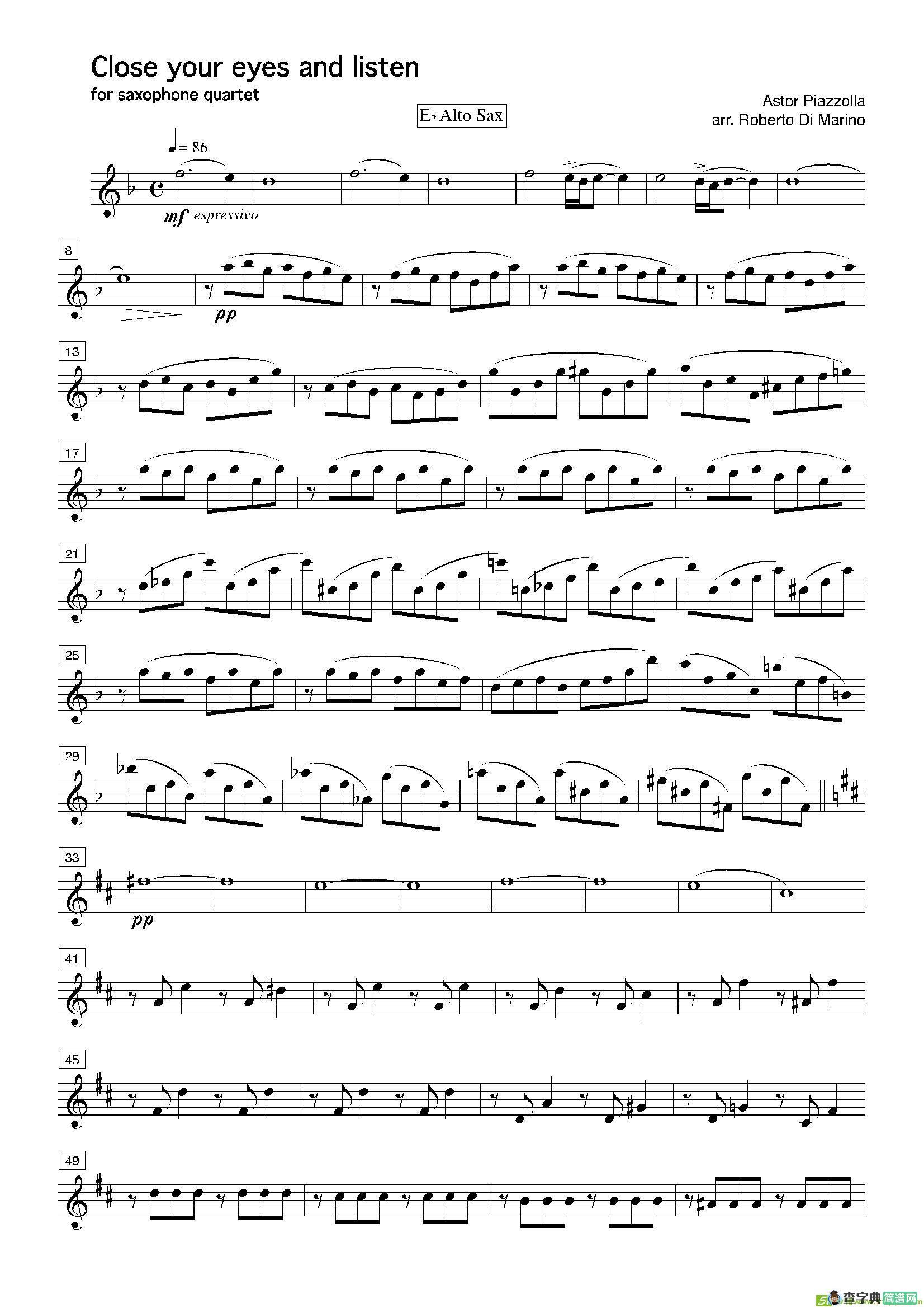 Closeyoureyesandlisten（四重奏总谱+分谱）萨克斯谱