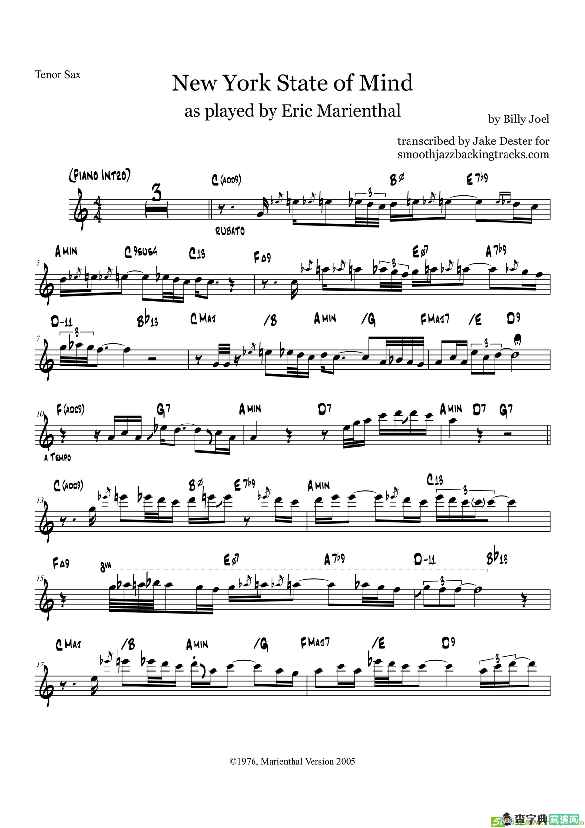 NewYorkStateofMind（次中音萨克斯）萨克斯谱