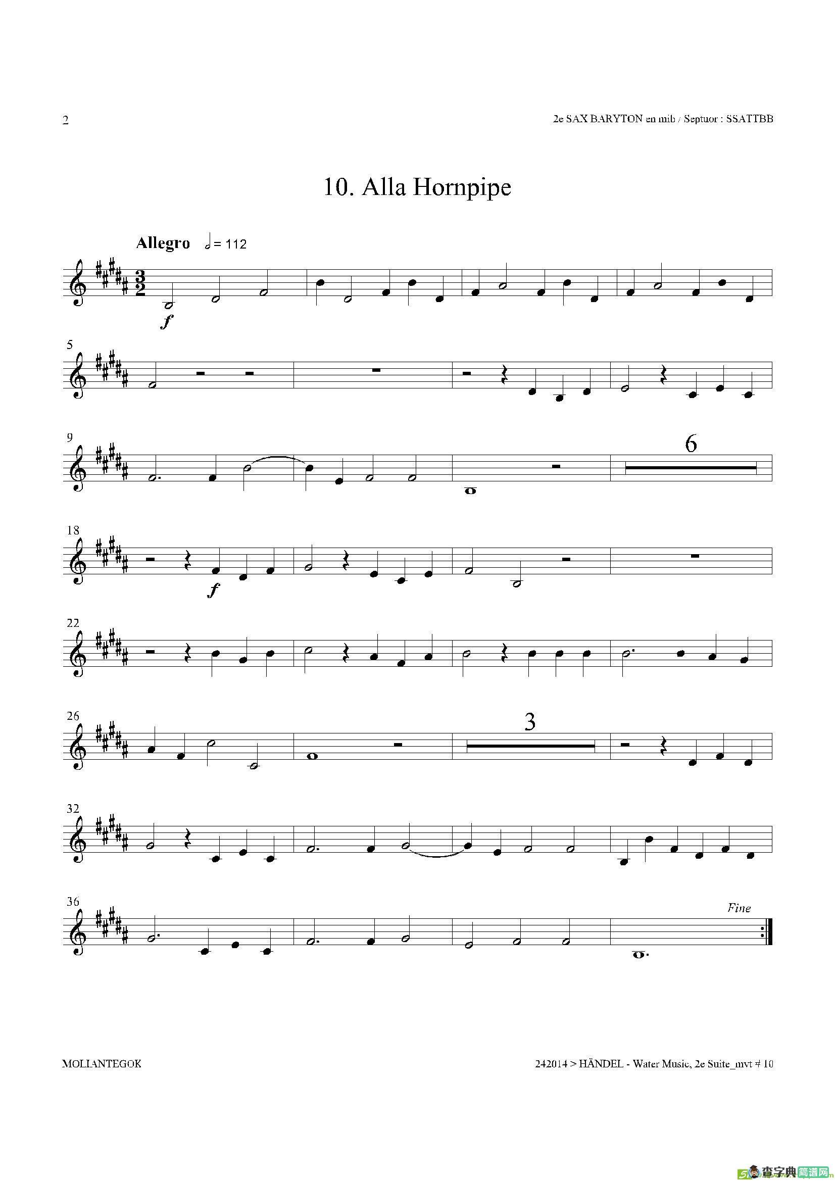 WaterMusic（HWV.349No.2）（第二上低音萨克斯）萨克斯谱