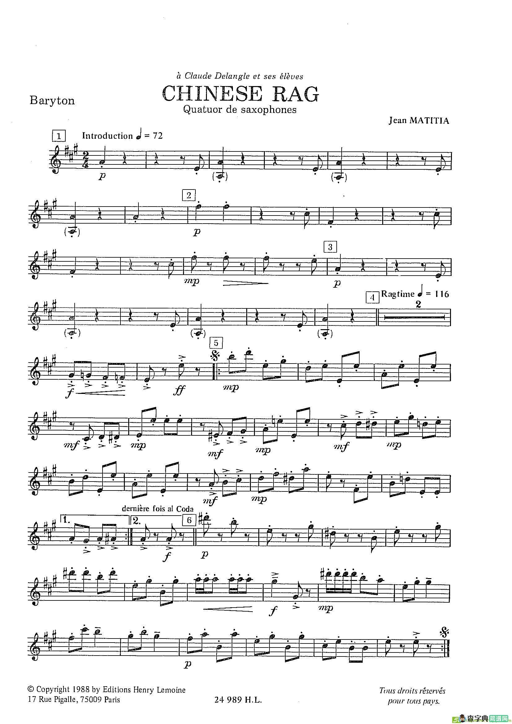 ChineseRag（四重奏总谱+分谱）萨克斯谱