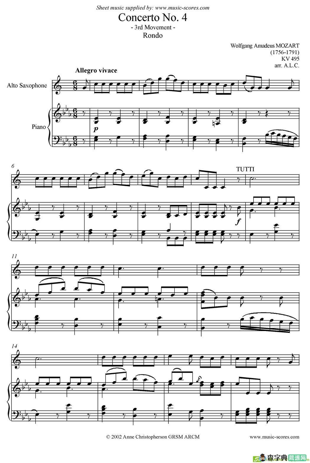 Mozart：Concerto KV495 No.4-3st Rondo 回旋曲萨克斯谱(Mozart（莫扎特）作曲)