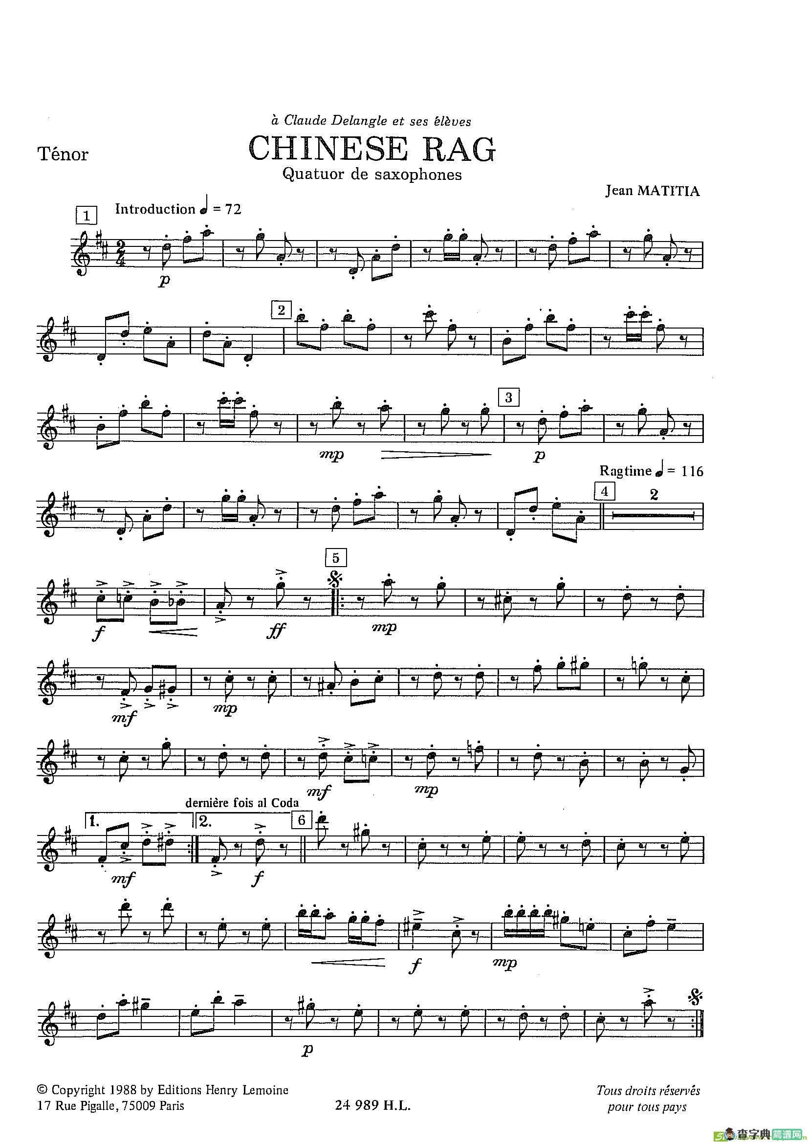 ChineseRag（四重奏总谱+分谱）萨克斯谱