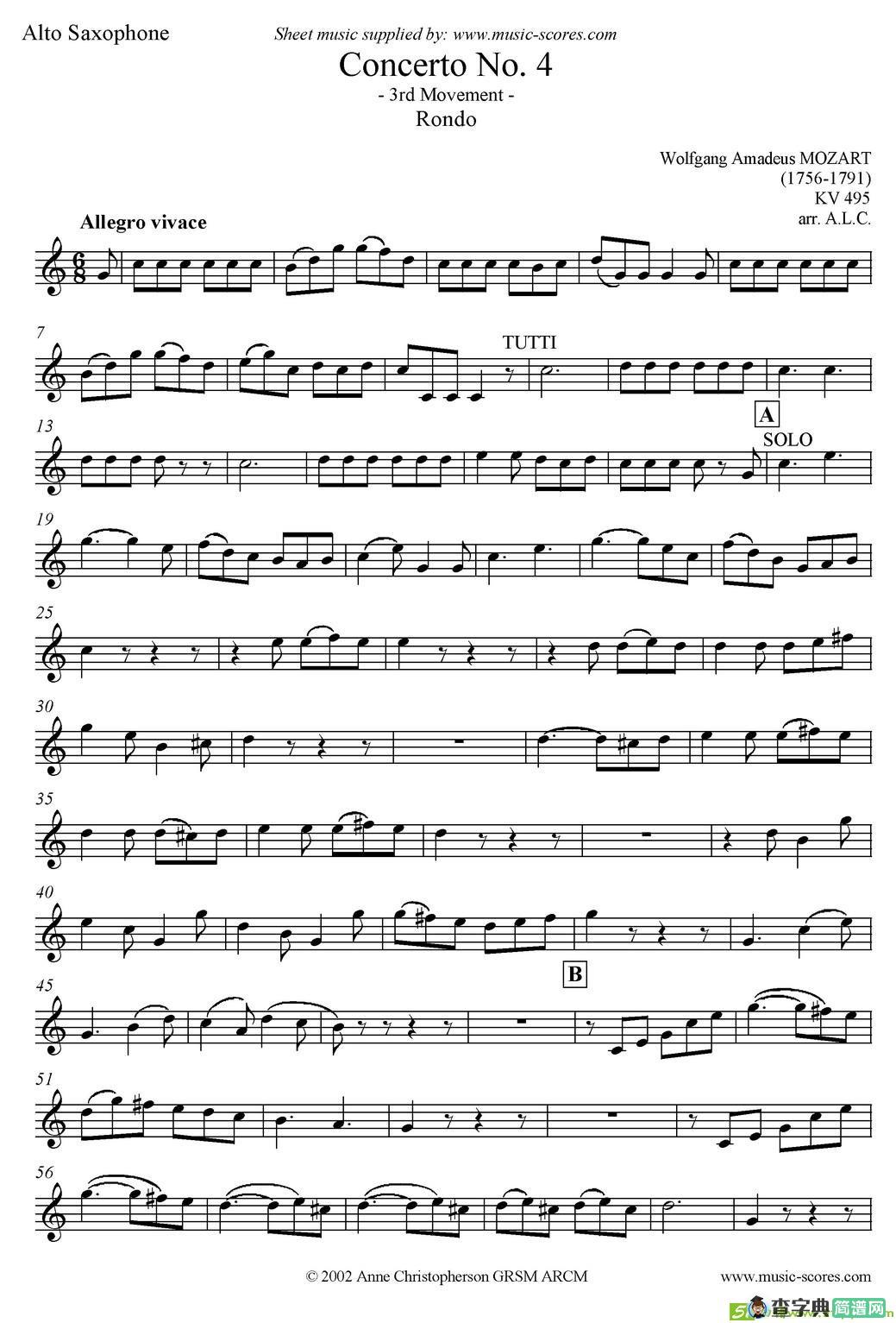 Mozart：Concerto KV495 No.4-3st Rondo 回旋曲萨克斯谱(Mozart（莫扎特）作曲)