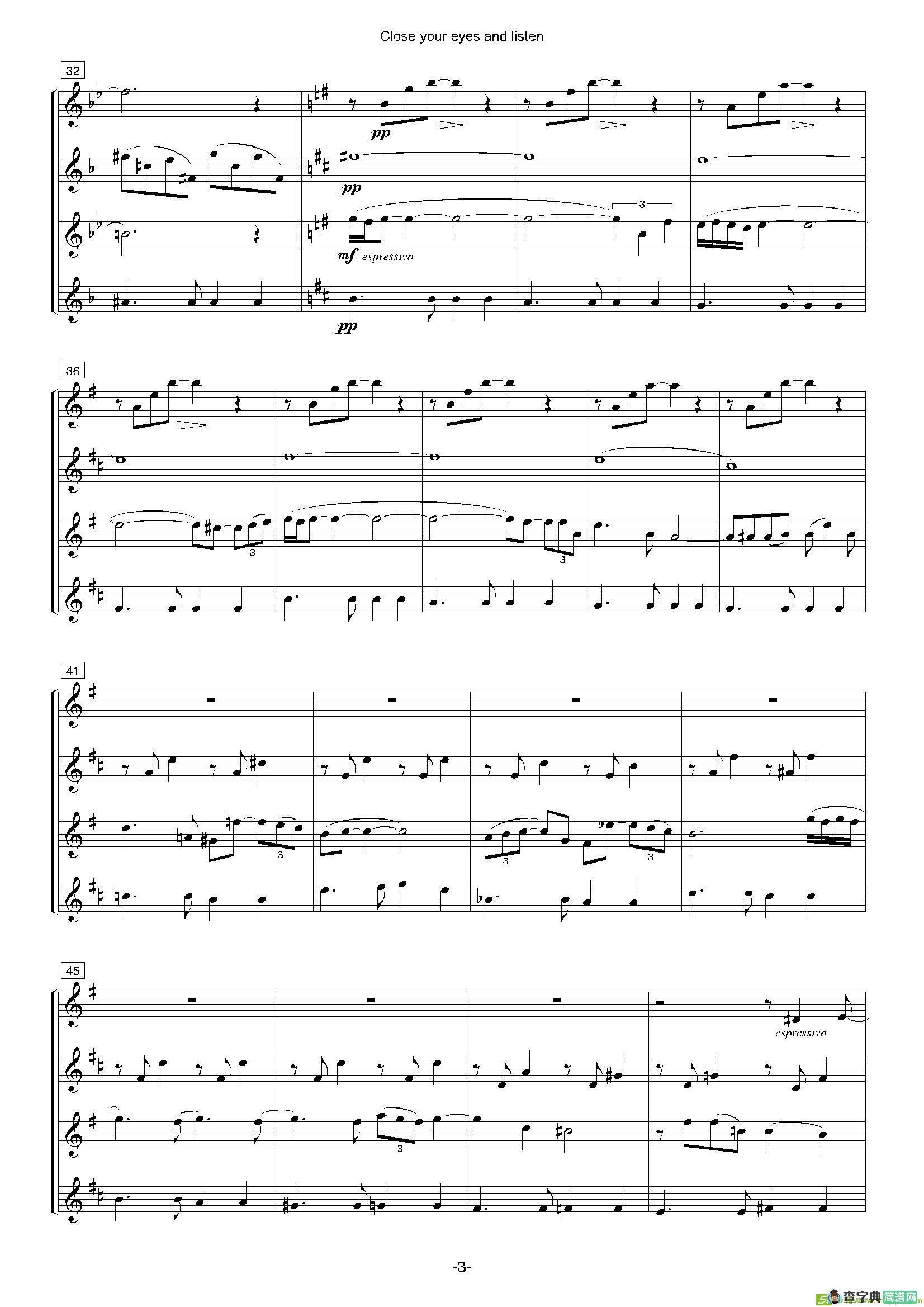 Closeyoureyesandlisten（四重奏总谱+分谱）萨克斯谱