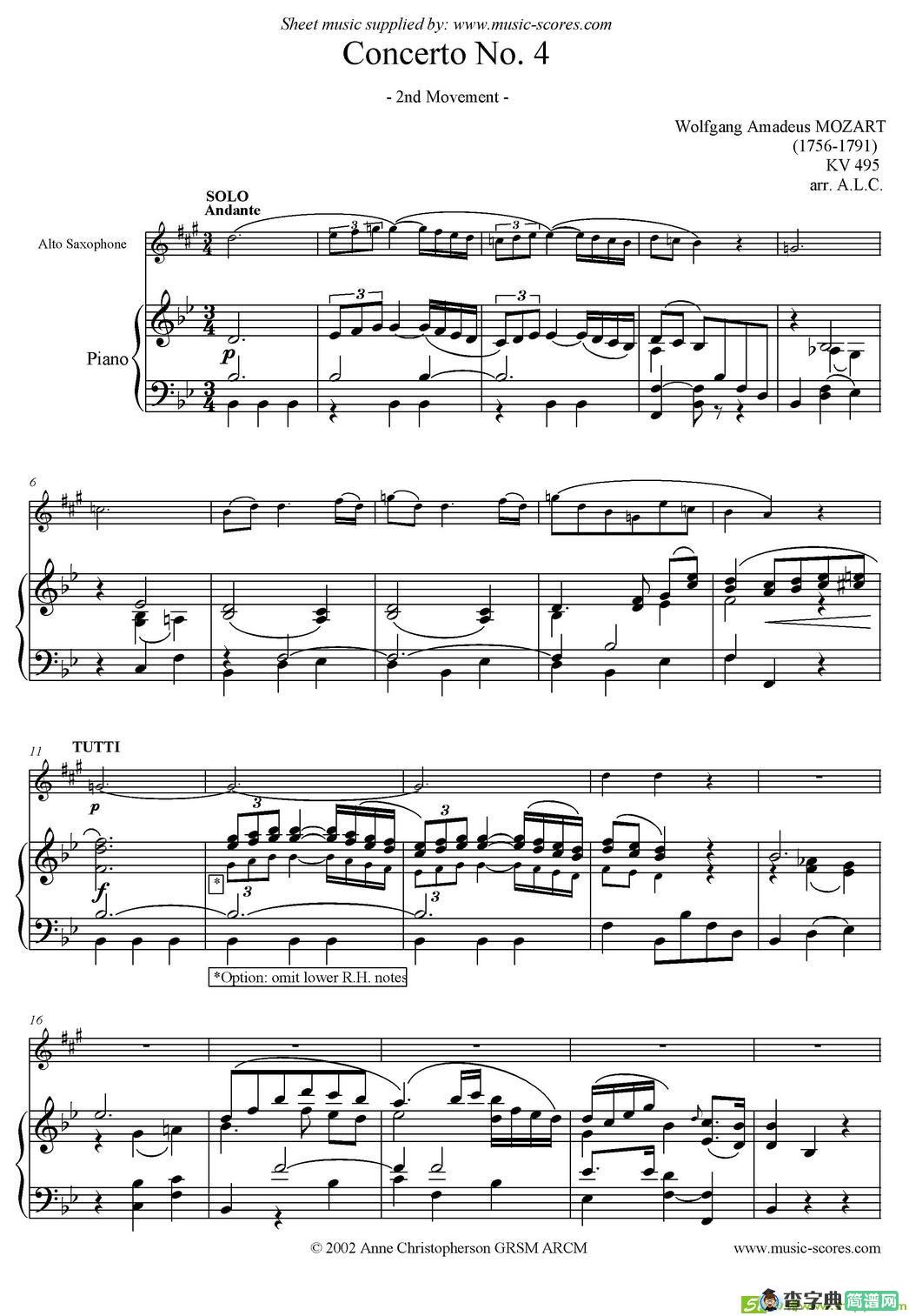 Mozart：Concerto KV495 No.4-2st萨克斯谱(Mozart（莫扎特）作曲)
