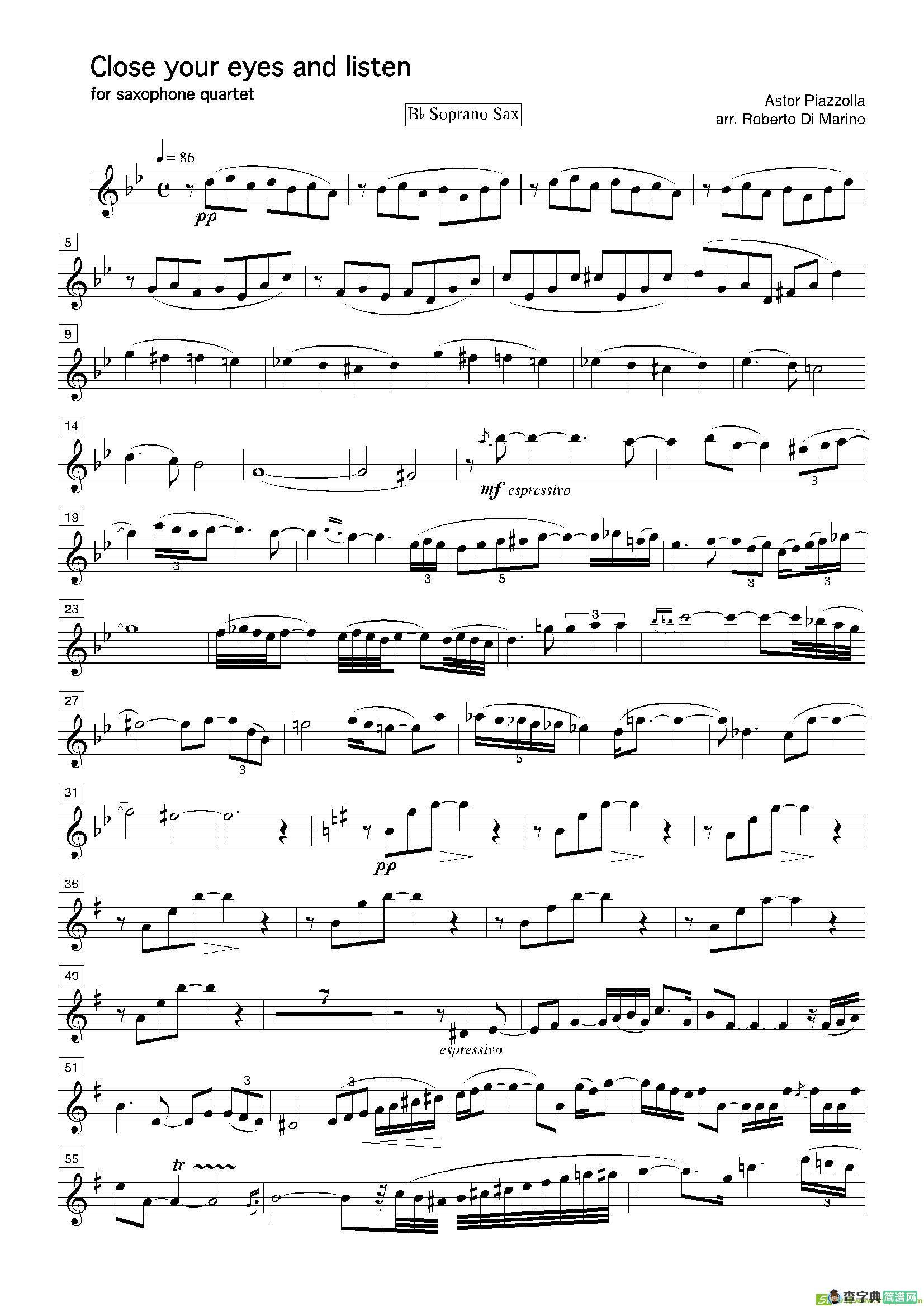 Closeyoureyesandlisten（四重奏总谱+分谱）萨克斯谱