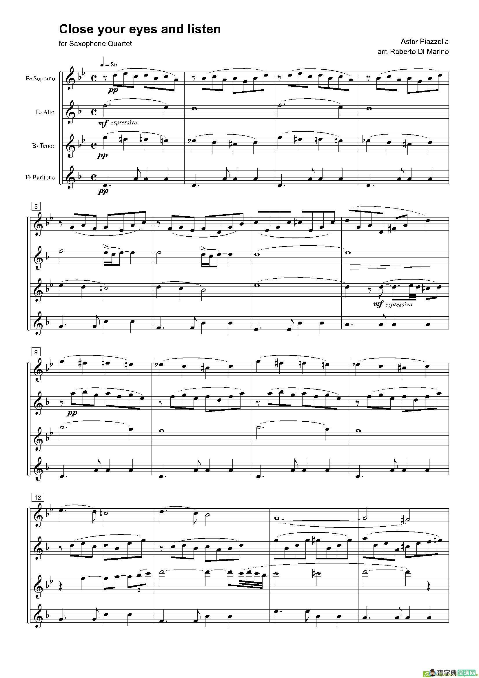 Closeyoureyesandlisten（四重奏总谱+分谱）萨克斯谱