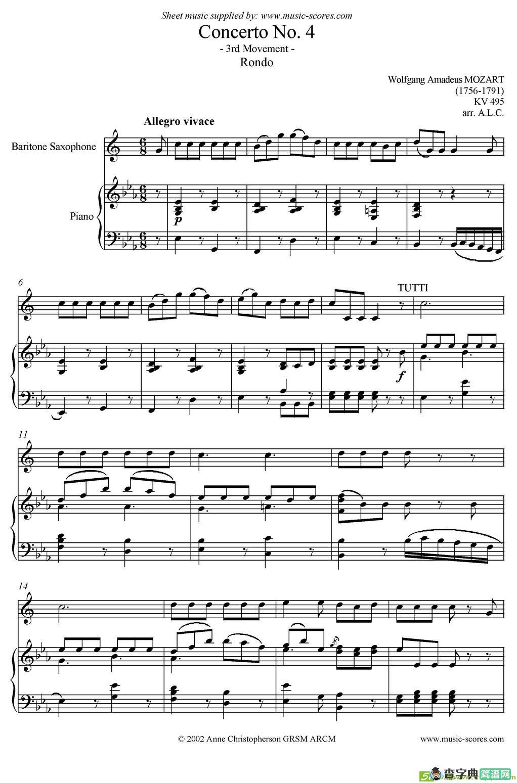 Mozart：Concerto KV495 No.4-3st Rondo 回旋曲萨克斯谱(Mozart（莫扎特）作曲)