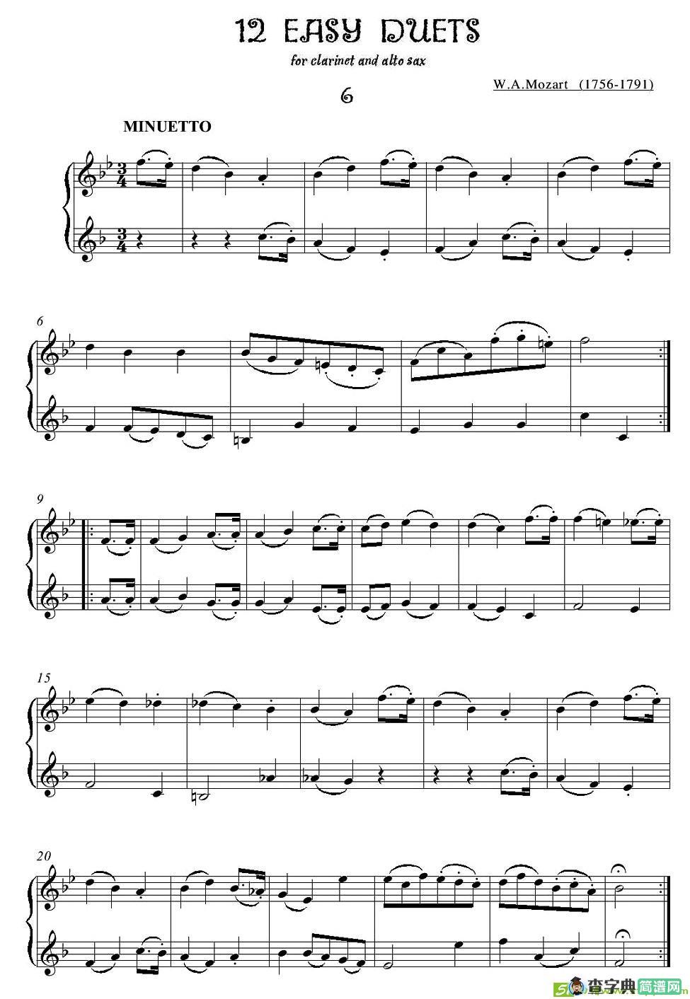12首单簧管萨克斯重奏之六萨克斯谱(莫扎特作曲)
