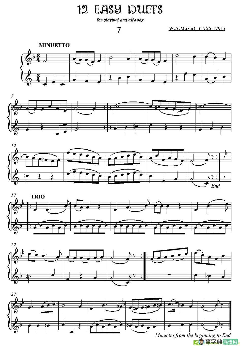 12首单簧管萨克斯重奏之七萨克斯谱(莫扎特作曲)