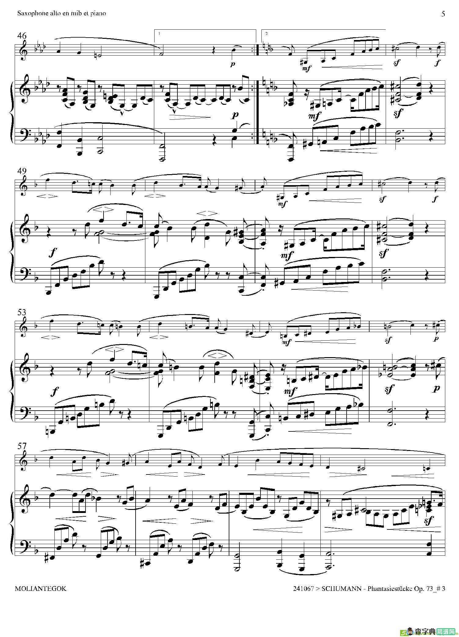 舒曼幻想曲三首Op73（Ⅲ）（中音萨克斯+钢琴伴奏）萨克斯谱