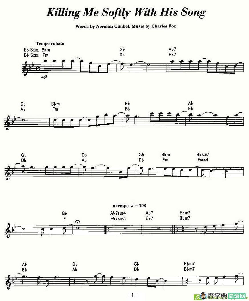 Killing Me Softly With His Song萨克斯谱